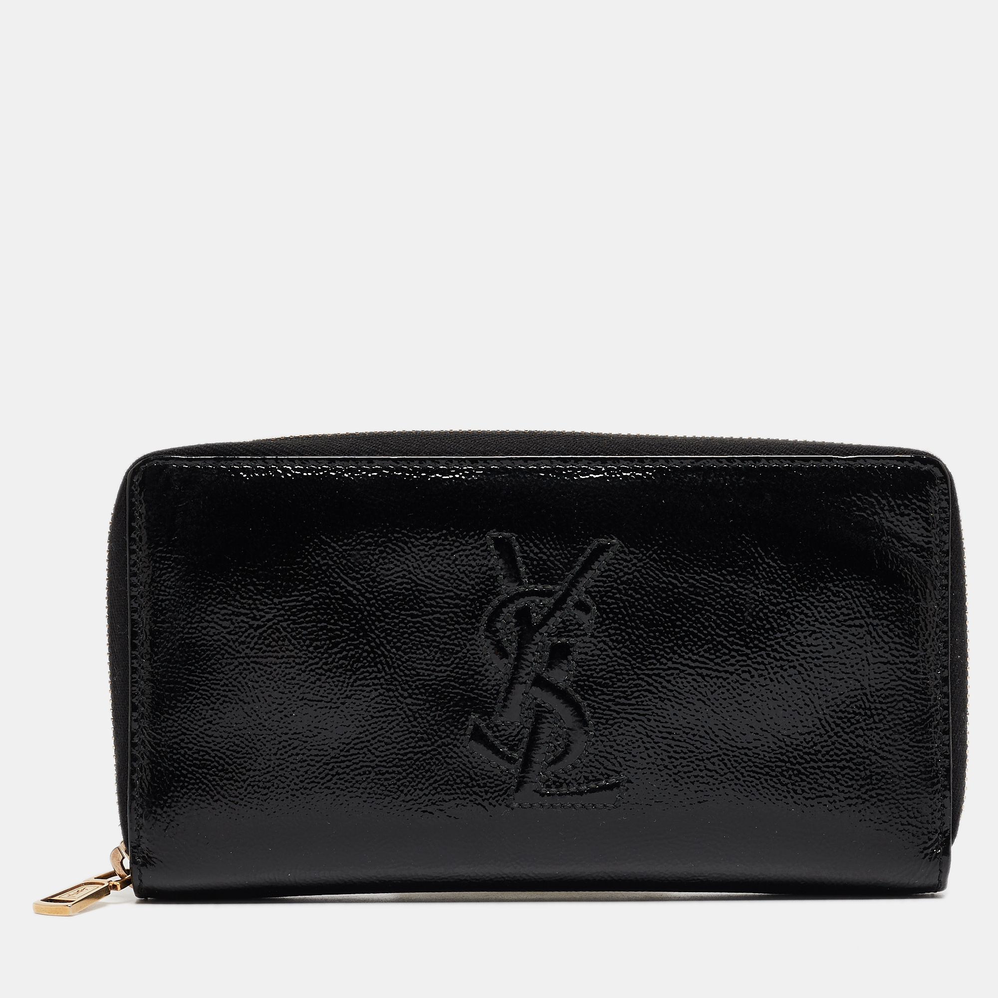 Pre-owned Saint Laurent Black Patent Leather Belle De Jour Zip Around Wallet