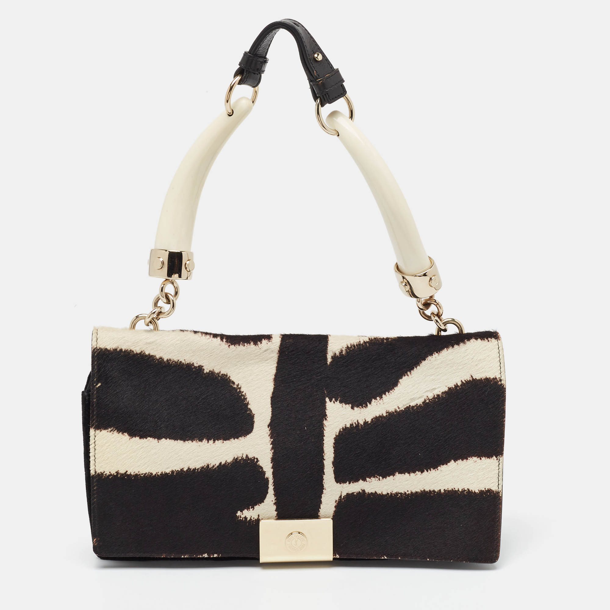 Pre-owned Saint Laurent Black/white Zebra Print Calfhair And Leather Mombasa Double Bag