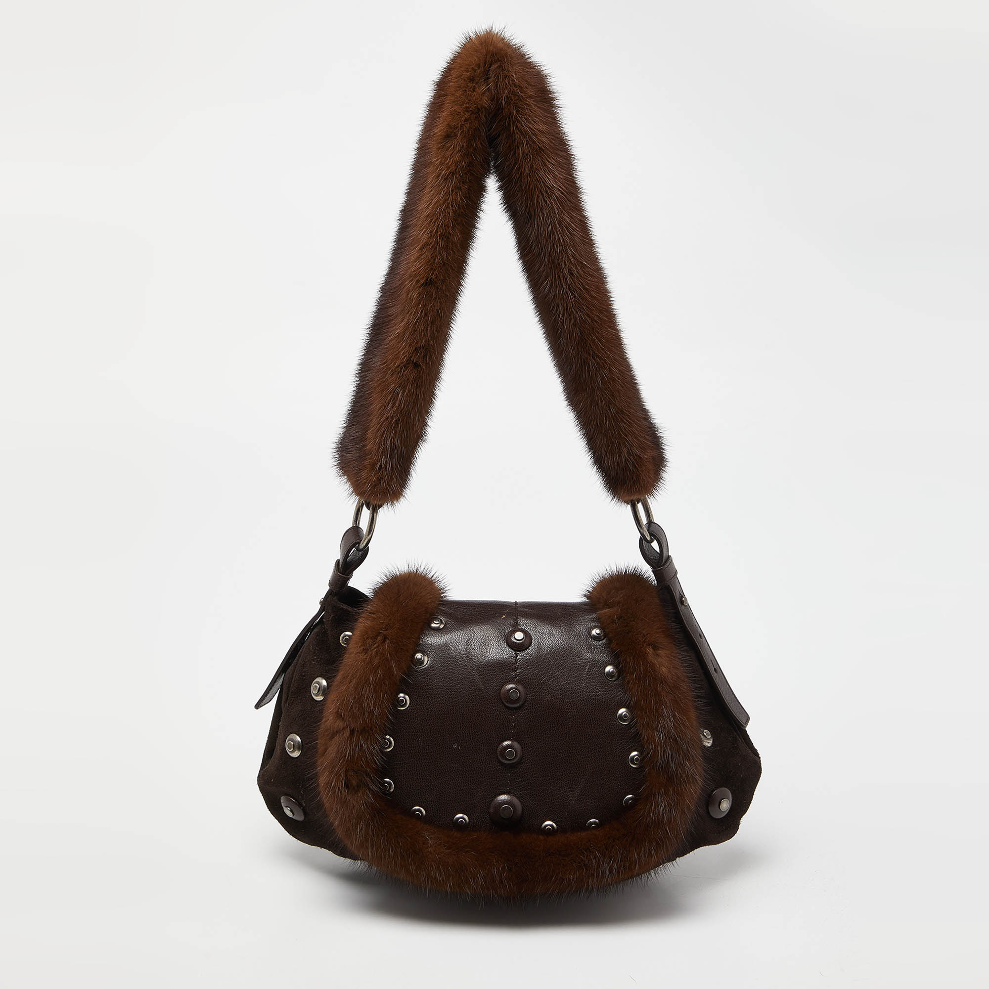 Pre-owned Saint Laurent Dark Brown Suede Leather And Mink Fur Studded Flap Hobo