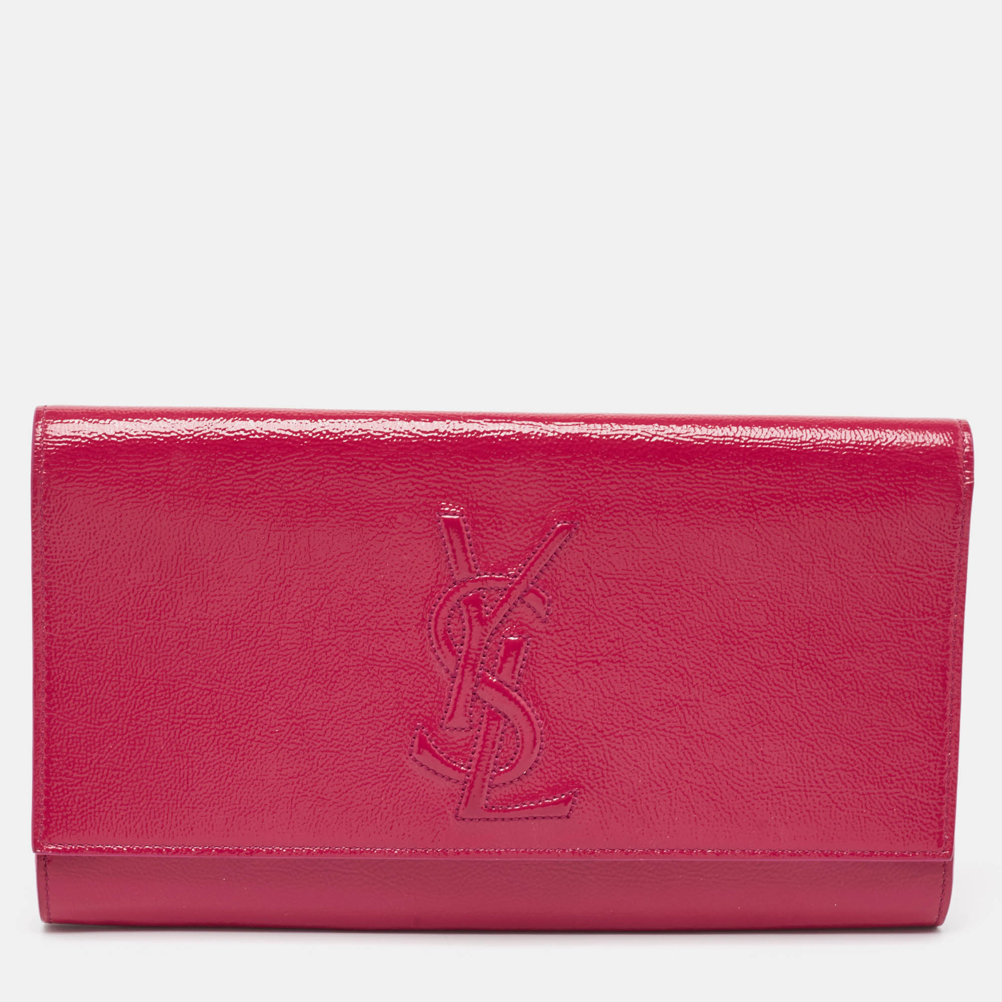 Pre-owned Saint Laurent Fuchsia Patent Leather Belle De Jour Flap Clutch In Pink