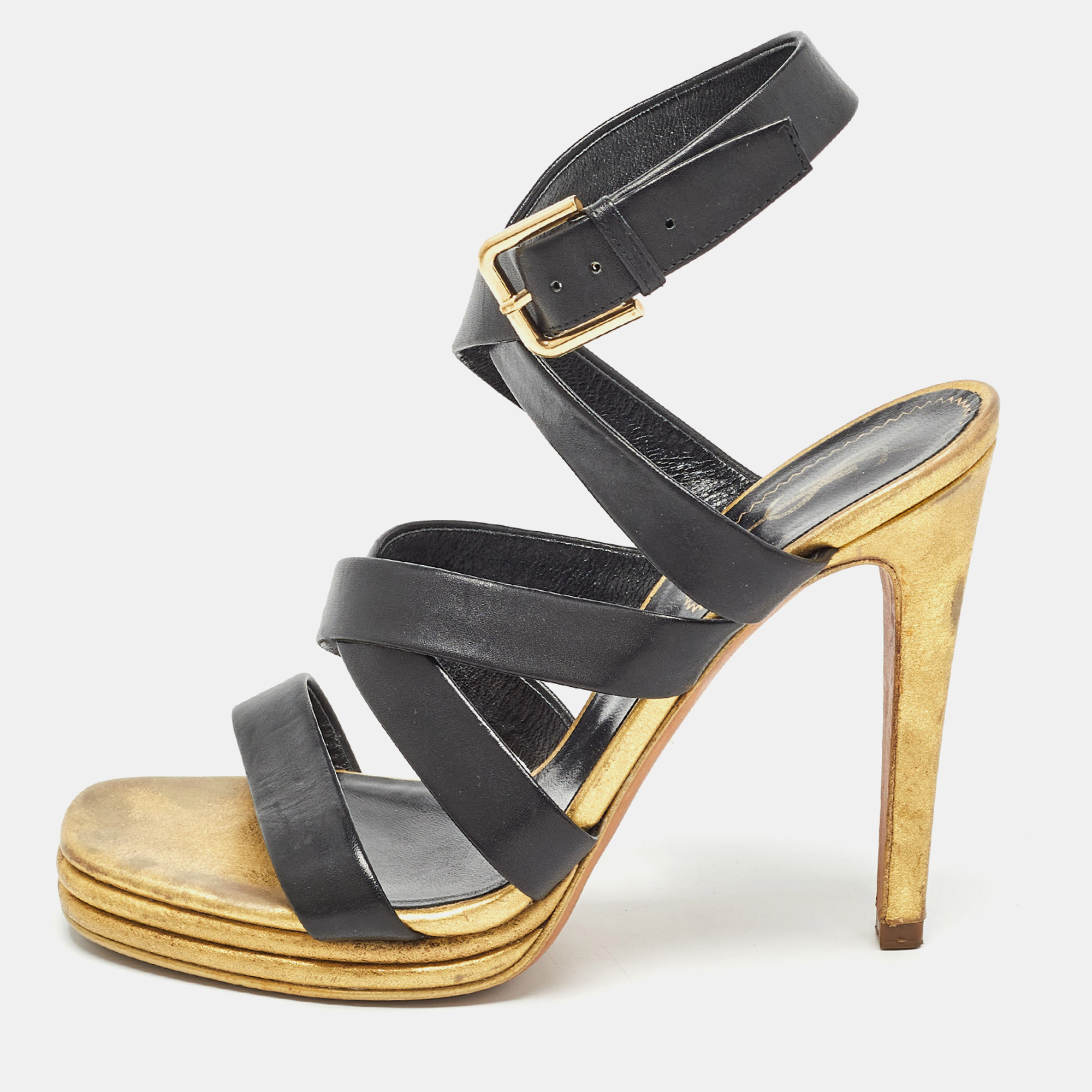 

Yves Saint Laurent Black/Gold Leather Strappy Sandals Size