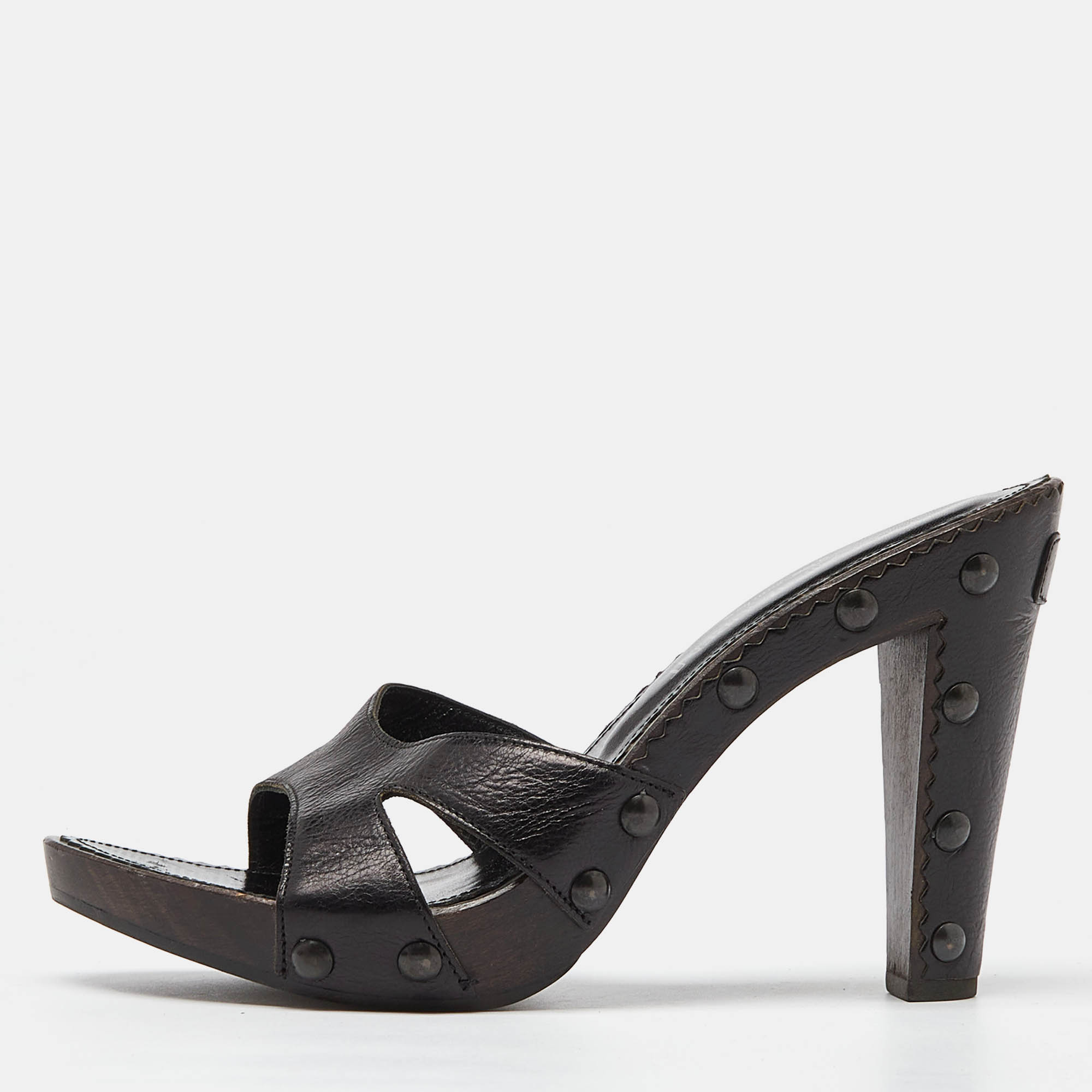 

Yves Saint Laurent Black Leather Open Toe Studded Heel Slide Sandals Size