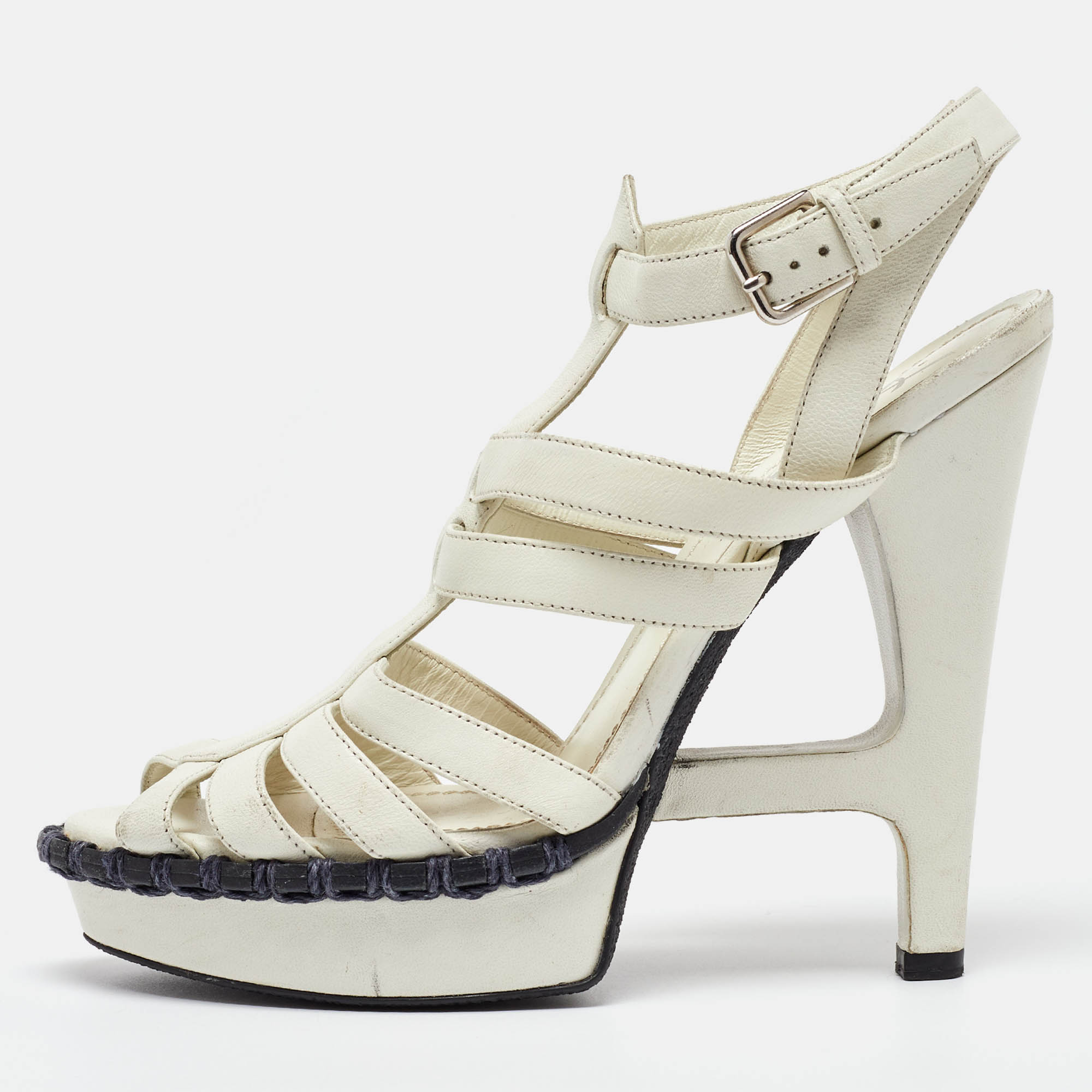 Pre-owned Saint Laurent White Leather Strappy Platform Ankle Strap Sandals Size 37