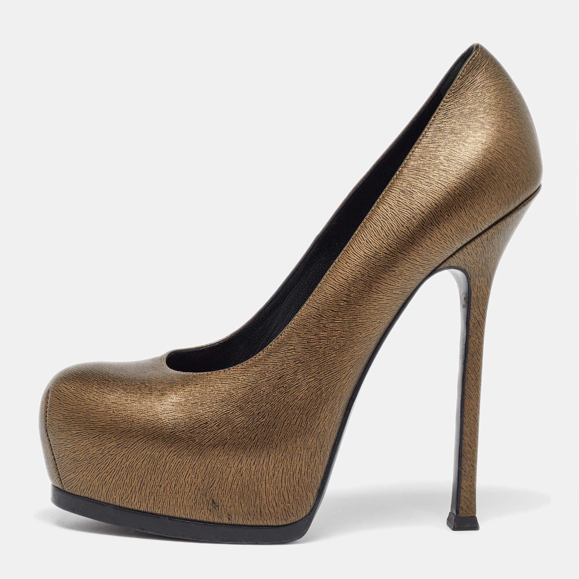 

Yves Saint Laurent Gold Leather Tribtoo Platform Pumps Size