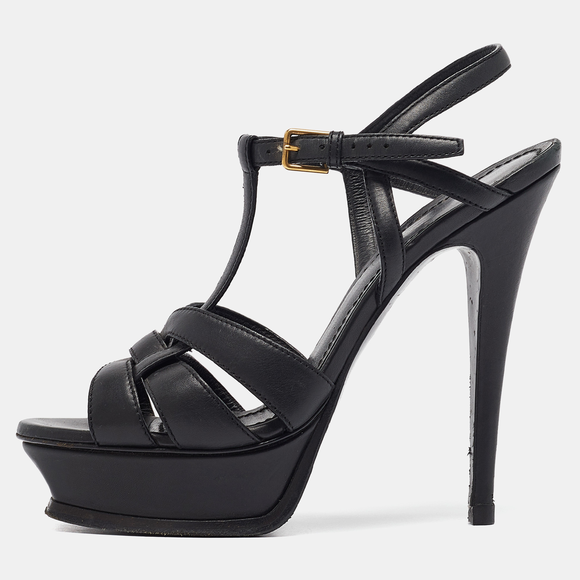 Pre-owned Saint Laurent Black Leather Tribute Sandals Size 37