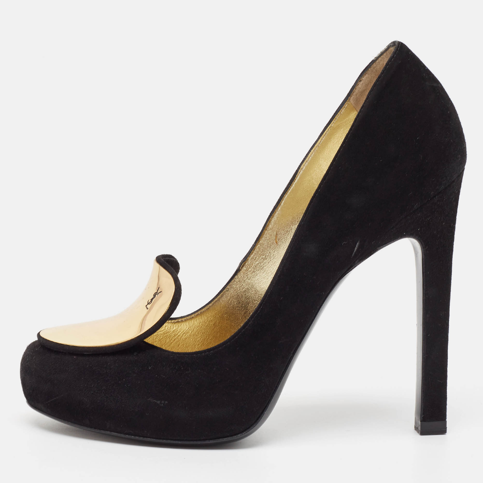 Pre-owned Saint Laurent Black Suede Round Toe Pumps Size 37