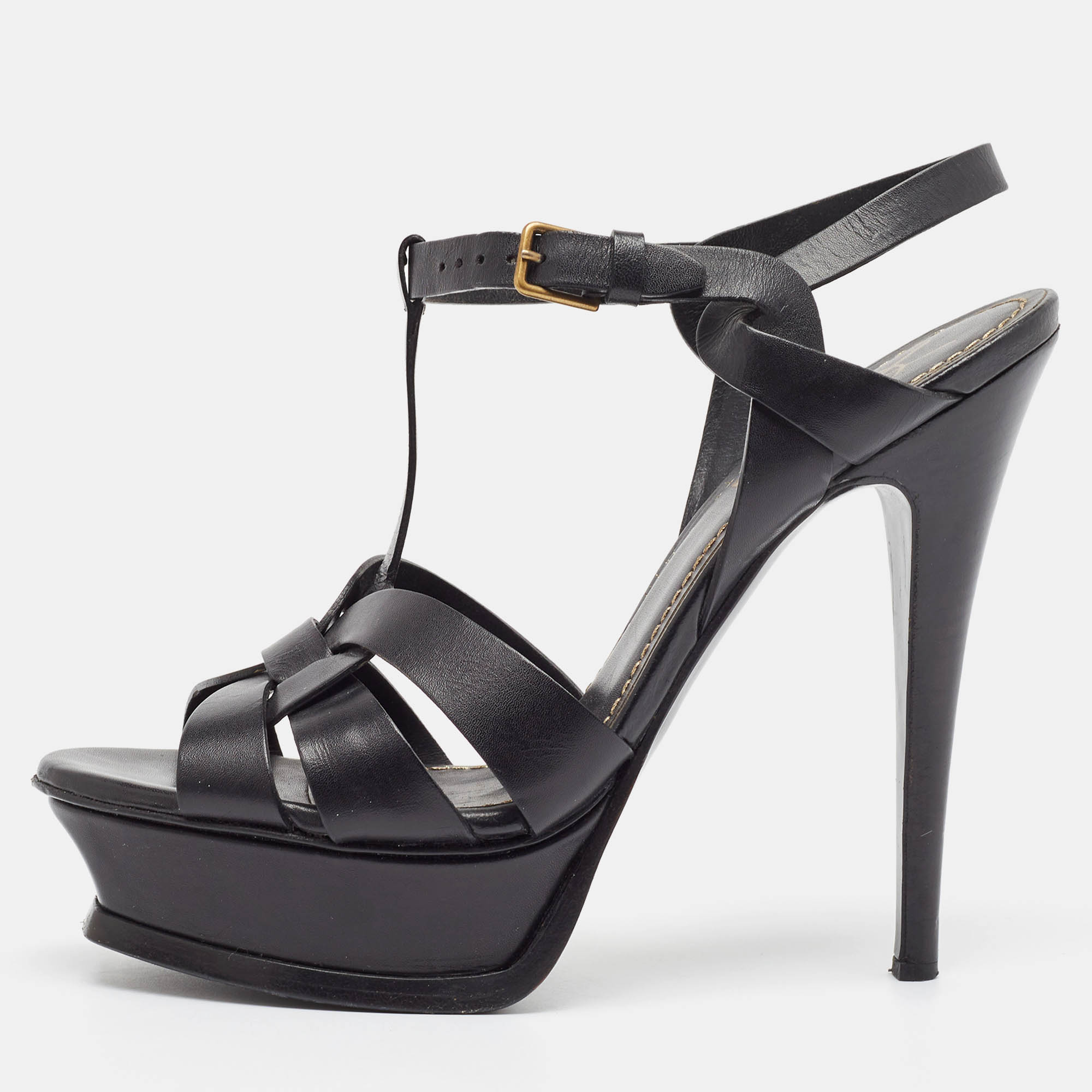 

Yves Saint Laurent Black Leather Tribute Ankle Strap Sandals Size