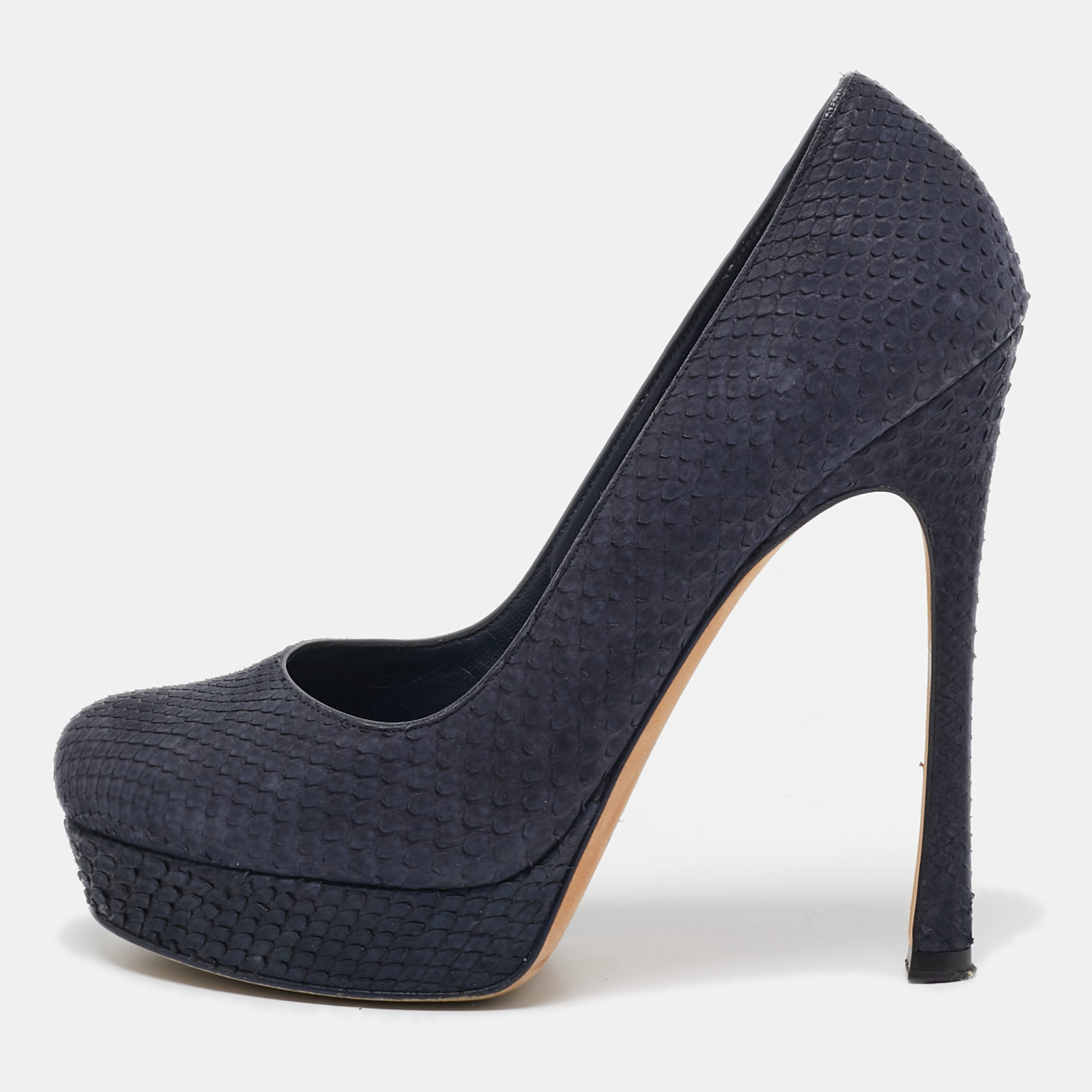 

Yves Saint Laurent Navy Blue Python Leather Platform Pumps