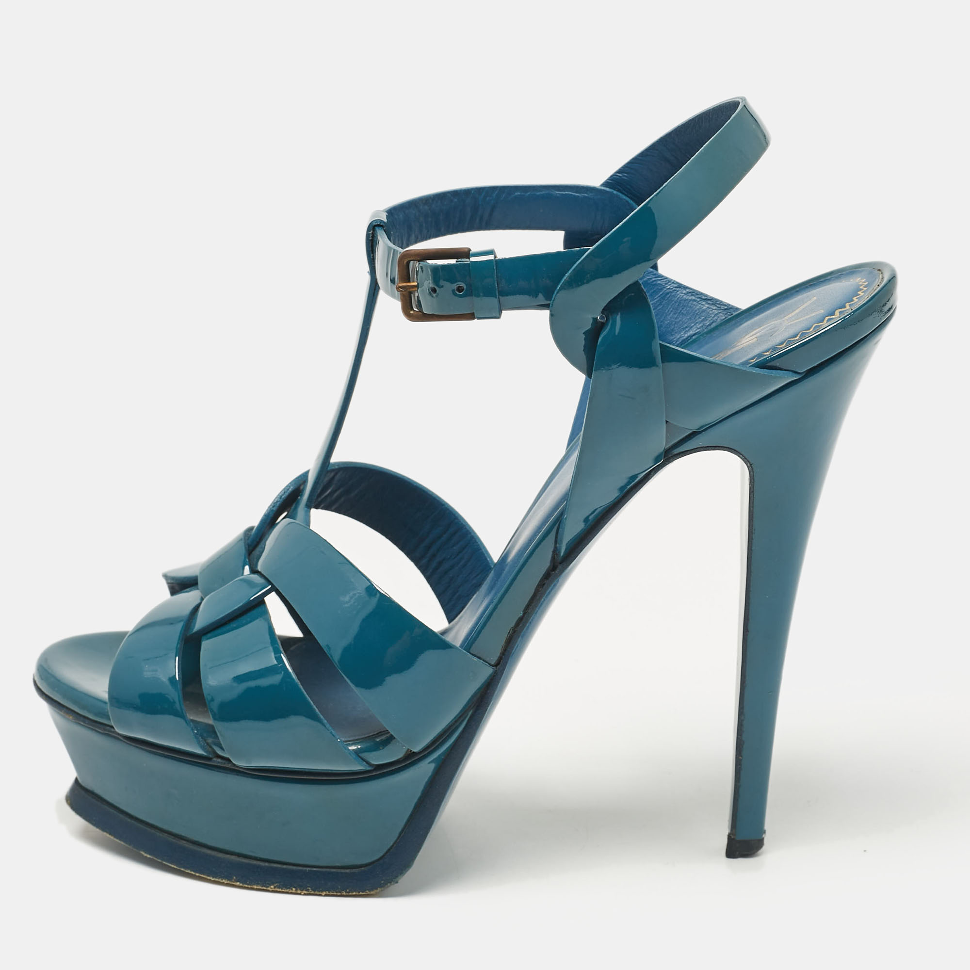 

Yves Saint Laurent Teal Patent Leather Tribute Sandals Size, Blue