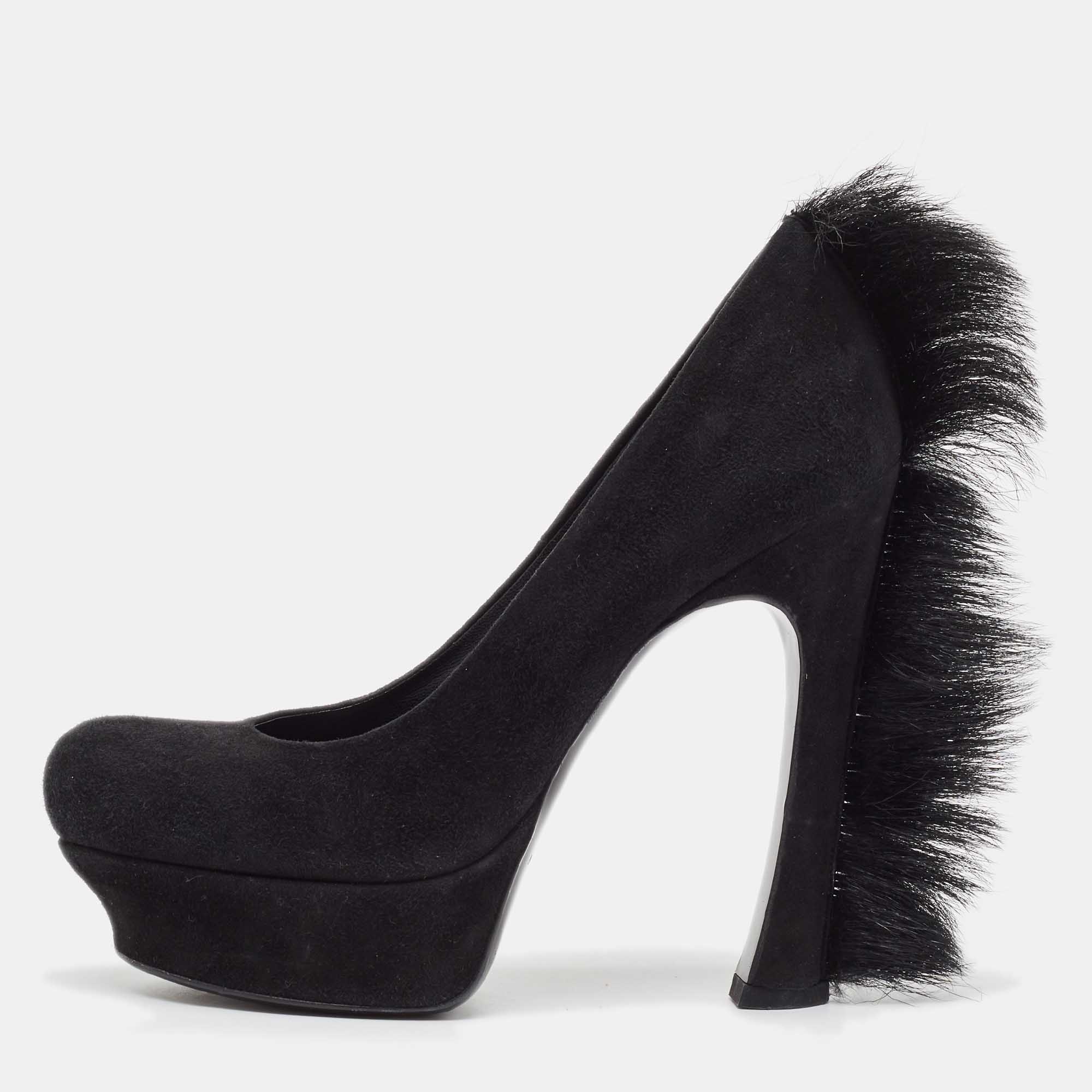 

Yves Saint Laurent Black Suede and Fur Palais Mohawk Pumps