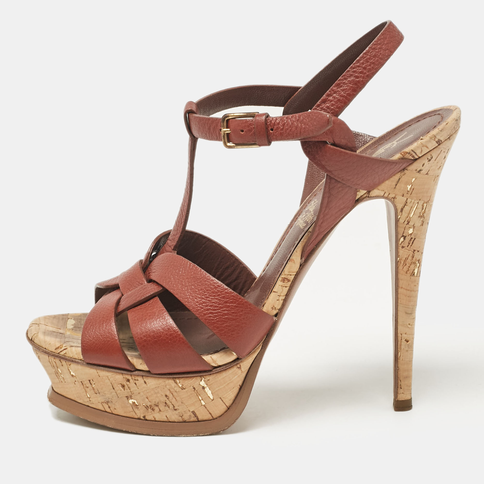 

Saint Laurent Brown Leather Tribute Platform Sandals Size