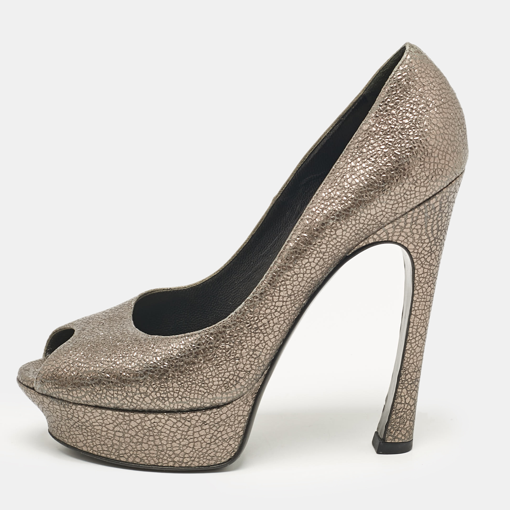 

Yves Saint Laurent Grey Textured Leather Palais Peep Toe Pumps Size