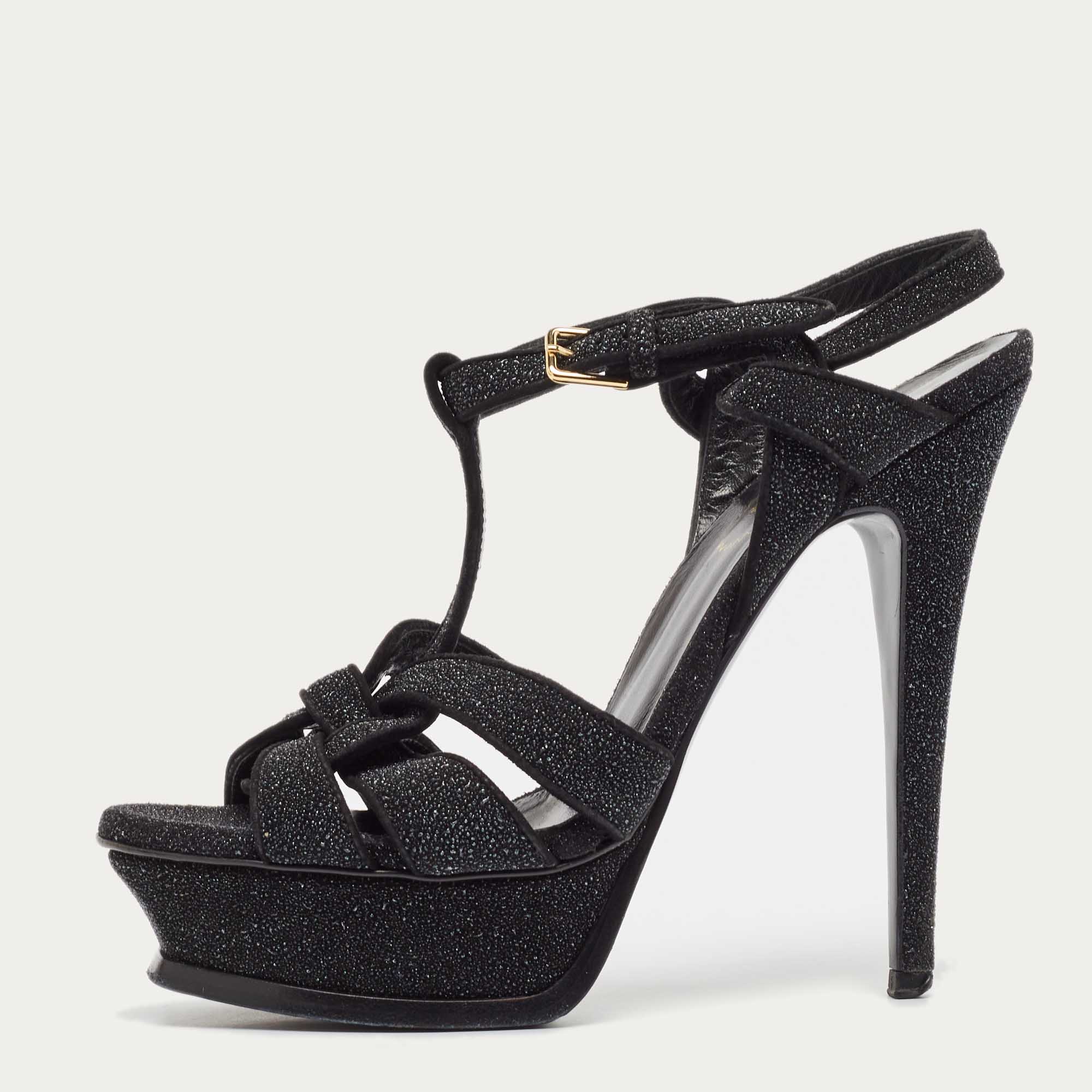 

Yves Saint Laurent Black Glitter Suede Tribute Platform Sandals Size