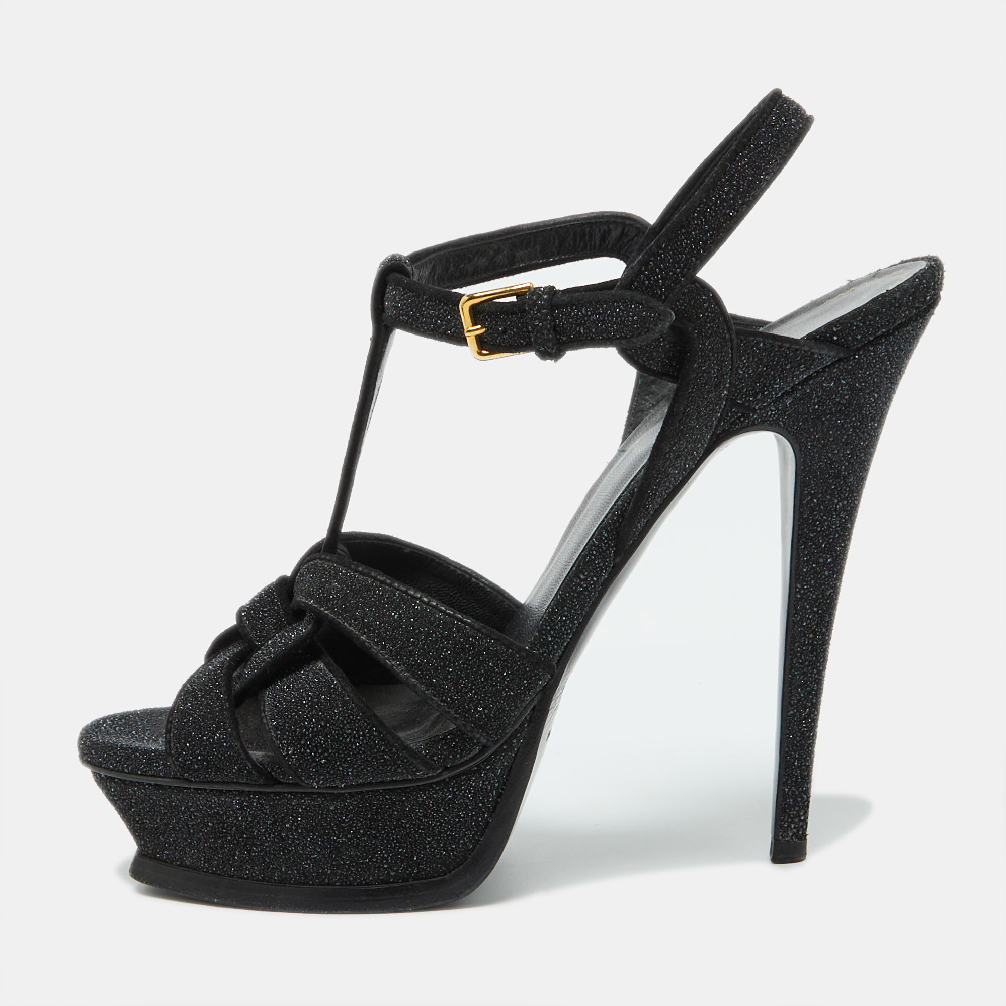 

Yves Saint Laurent Black Glitter Suede Tribute Platform Sandals Size