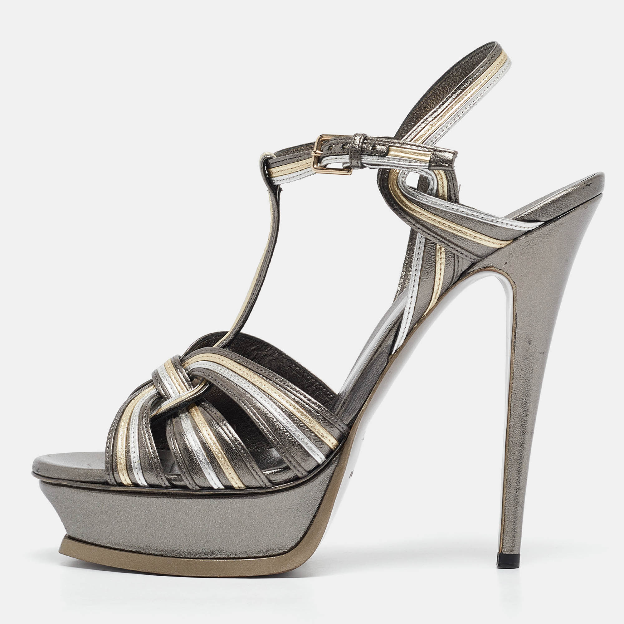 

Yves Saint Laurent Metallic Leather Tribute Platform Sandals Size