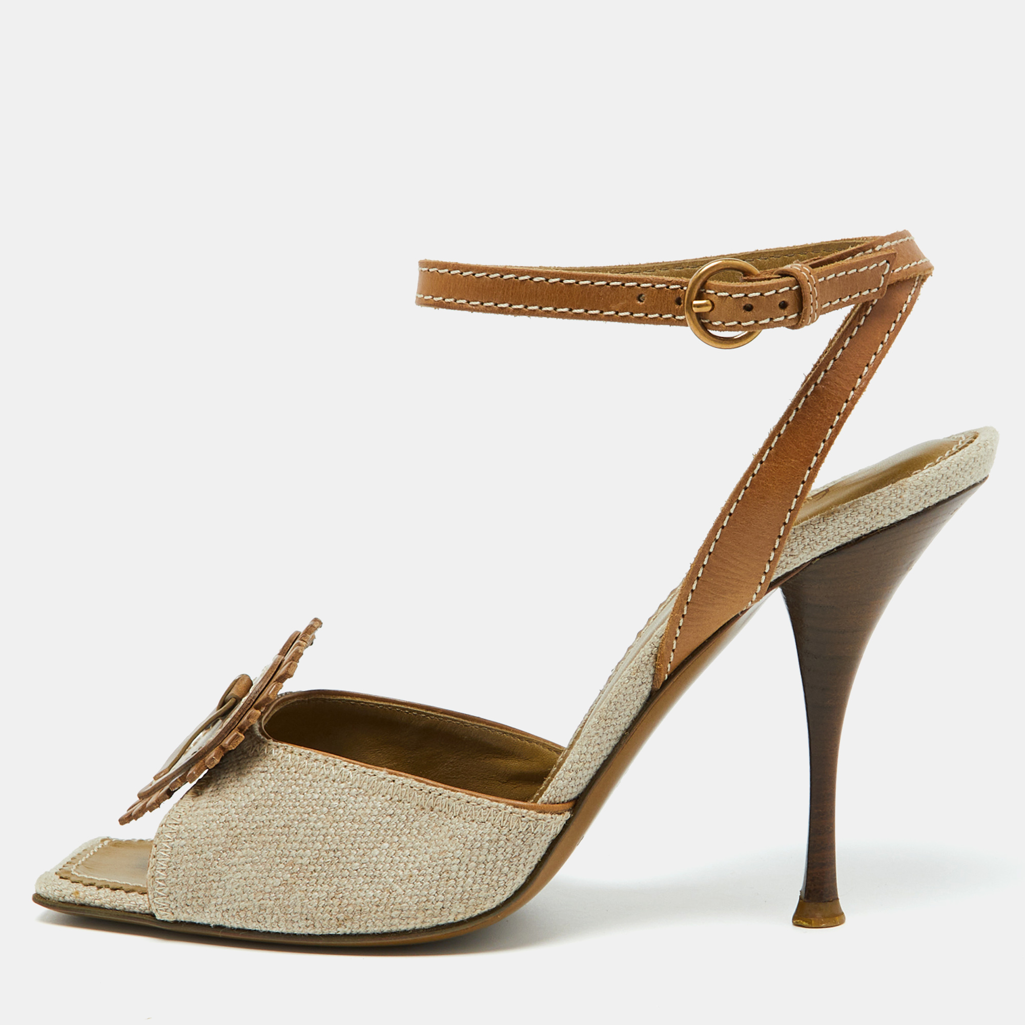 

Yves Saint Laurent Beige/Brown Canvas and Leather Ankle Strap Sandals Size