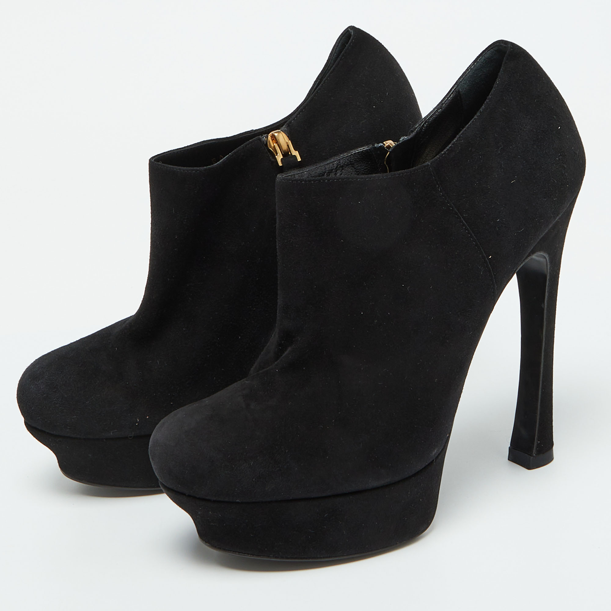 Yves Saint Laurent Black Suede Zip Platform Booties Size 39.5 