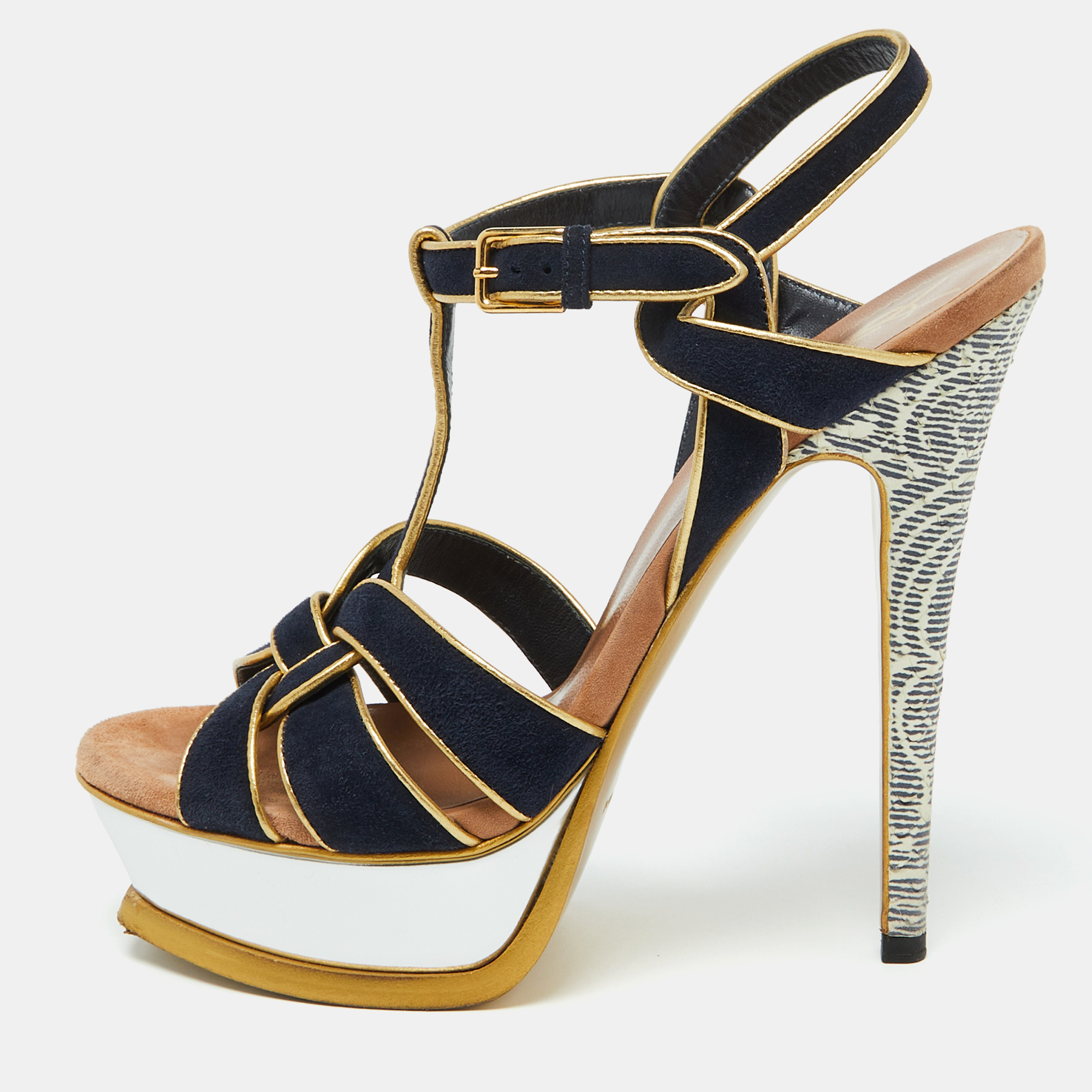 

Yves Saint Laurent Navy Blue/Gold Suede Tribute Platform Sandals Size