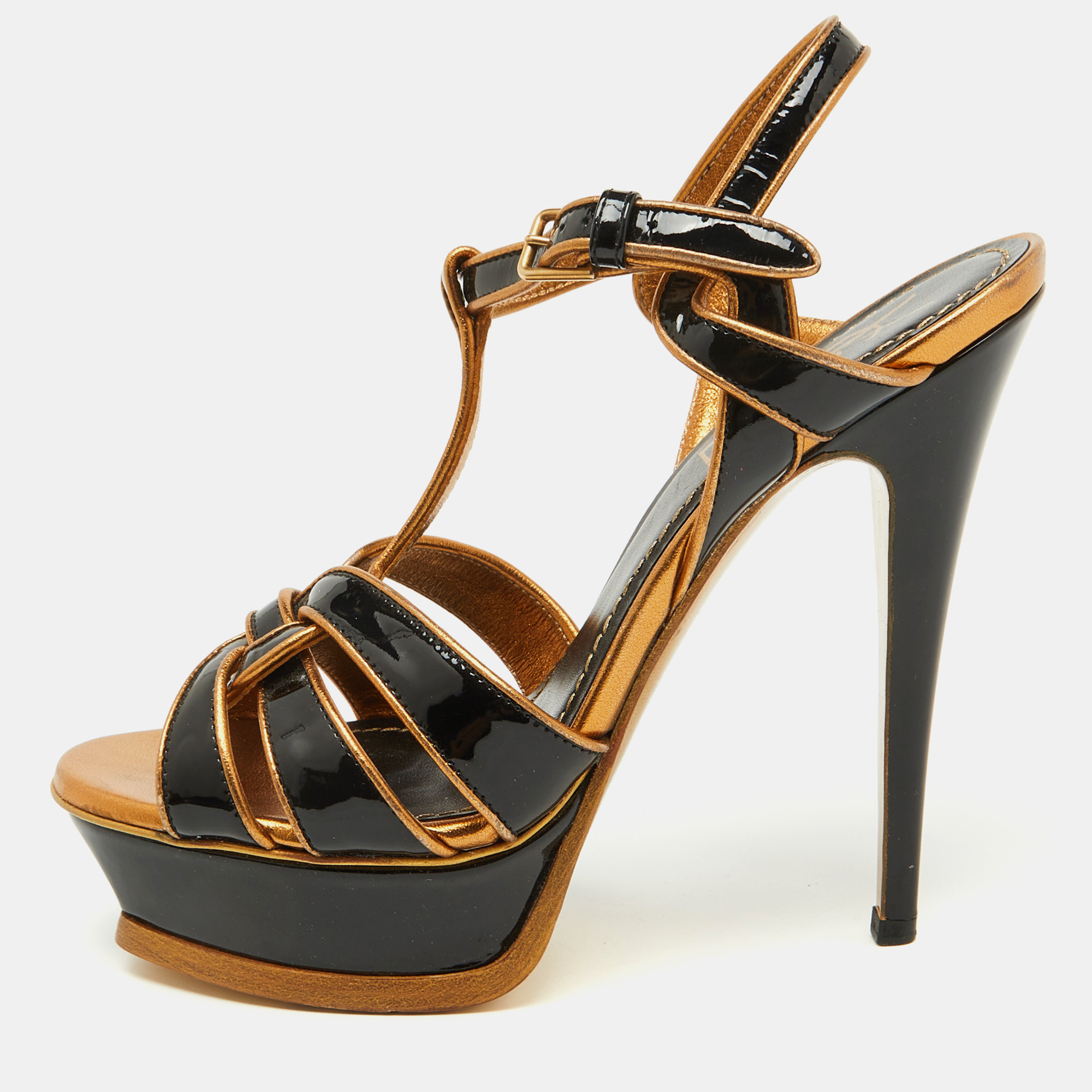 

Yves Saint Laurent Black/Gold Patent Leather and Leather Tribute Platform Sandals Size