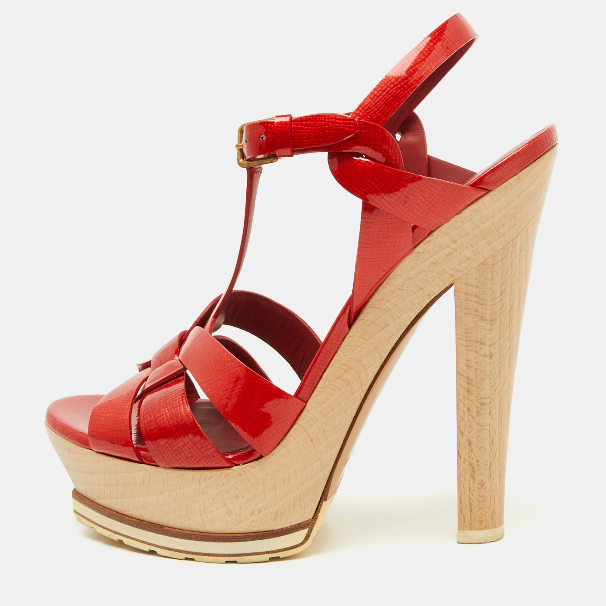 

Yves Saint Laurent Red Patent Leather Wood Tribute Platform Sandals Size