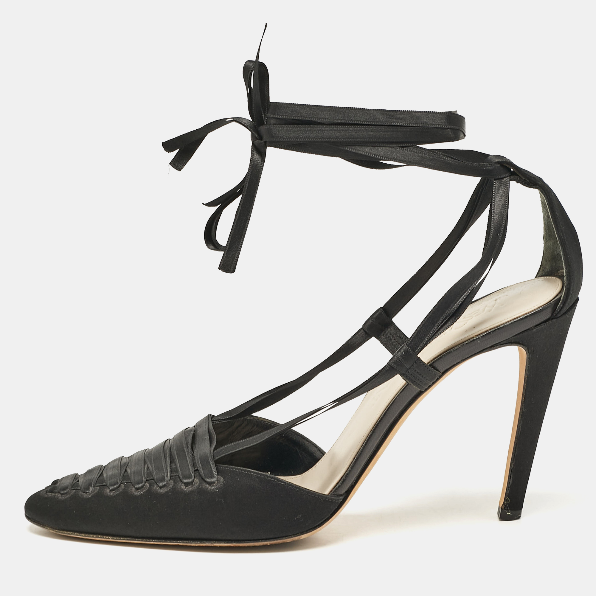 

Yves Saint Laurent Black Satin Ankle Wrap Sandals Size