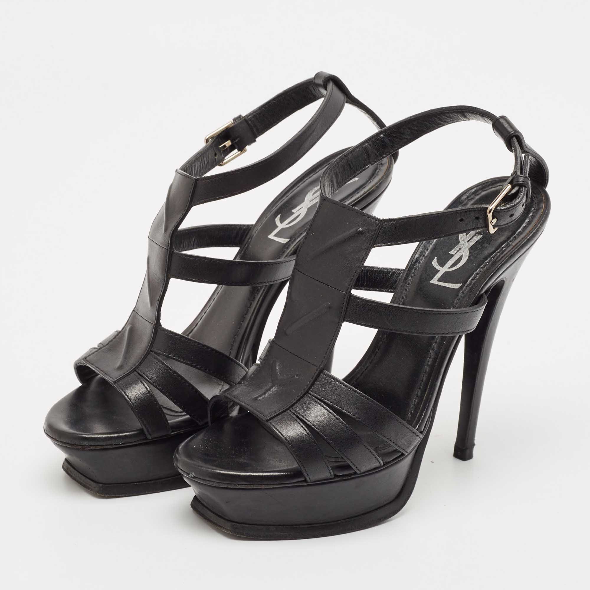 Saint Laurent Black Leather New Riveg Platform Sandals Size 36 