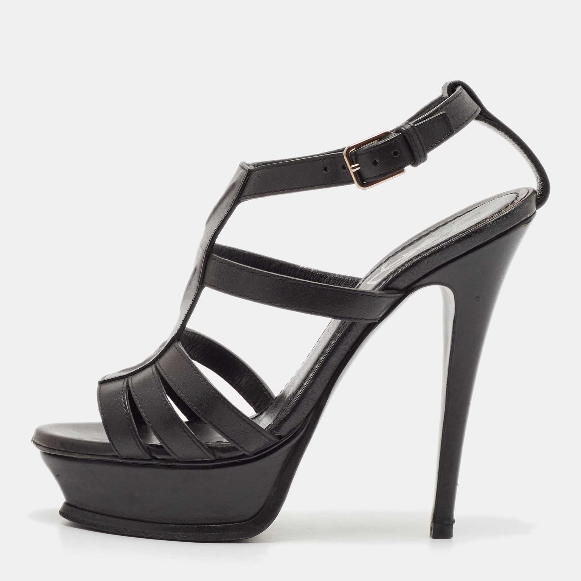 

Saint Laurent Black Leather New Riveg Platform Sandals Size