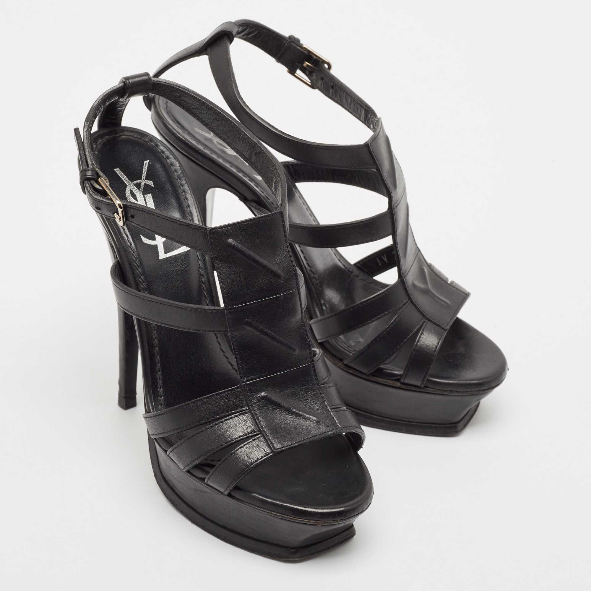 Saint Laurent Black Leather New Riveg Platform Sandals Size 36 