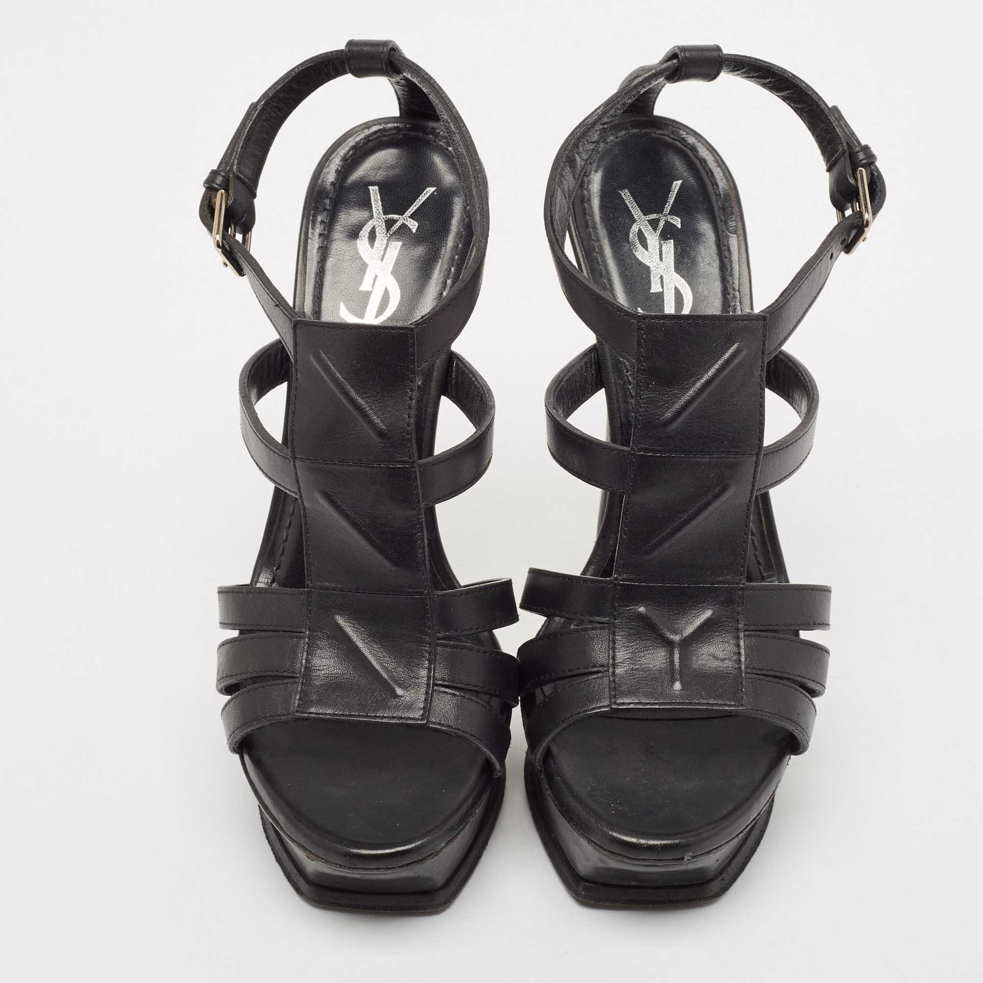 Saint Laurent Black Leather New Riveg Platform Sandals Size 36 