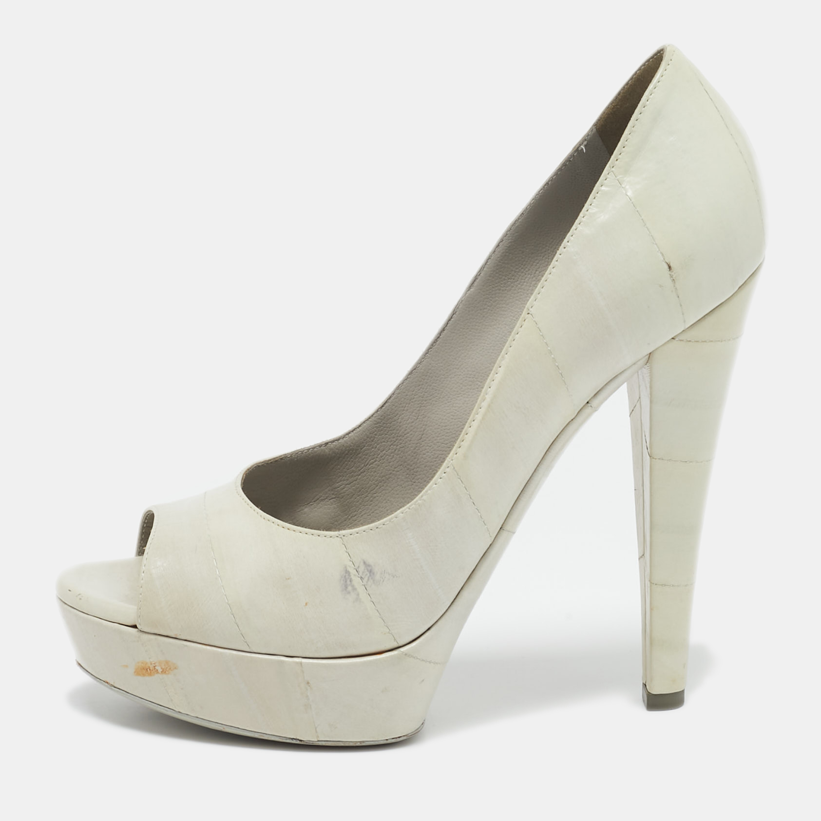 

Yves Saint Laurent Grey Eel Leather Peep Toe Pumps Size