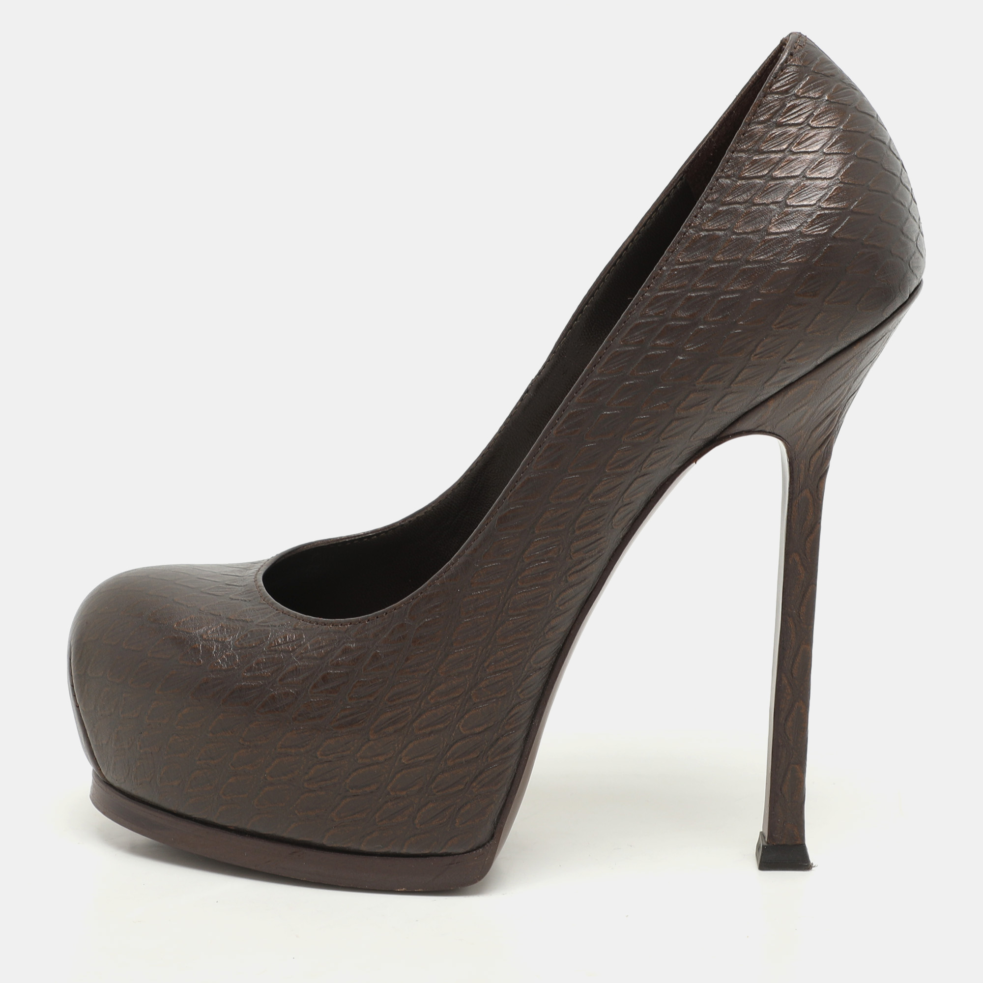 

Yves Saint Laurent Brown Python Embossed Leather Tribtoo Platform Pumps Size