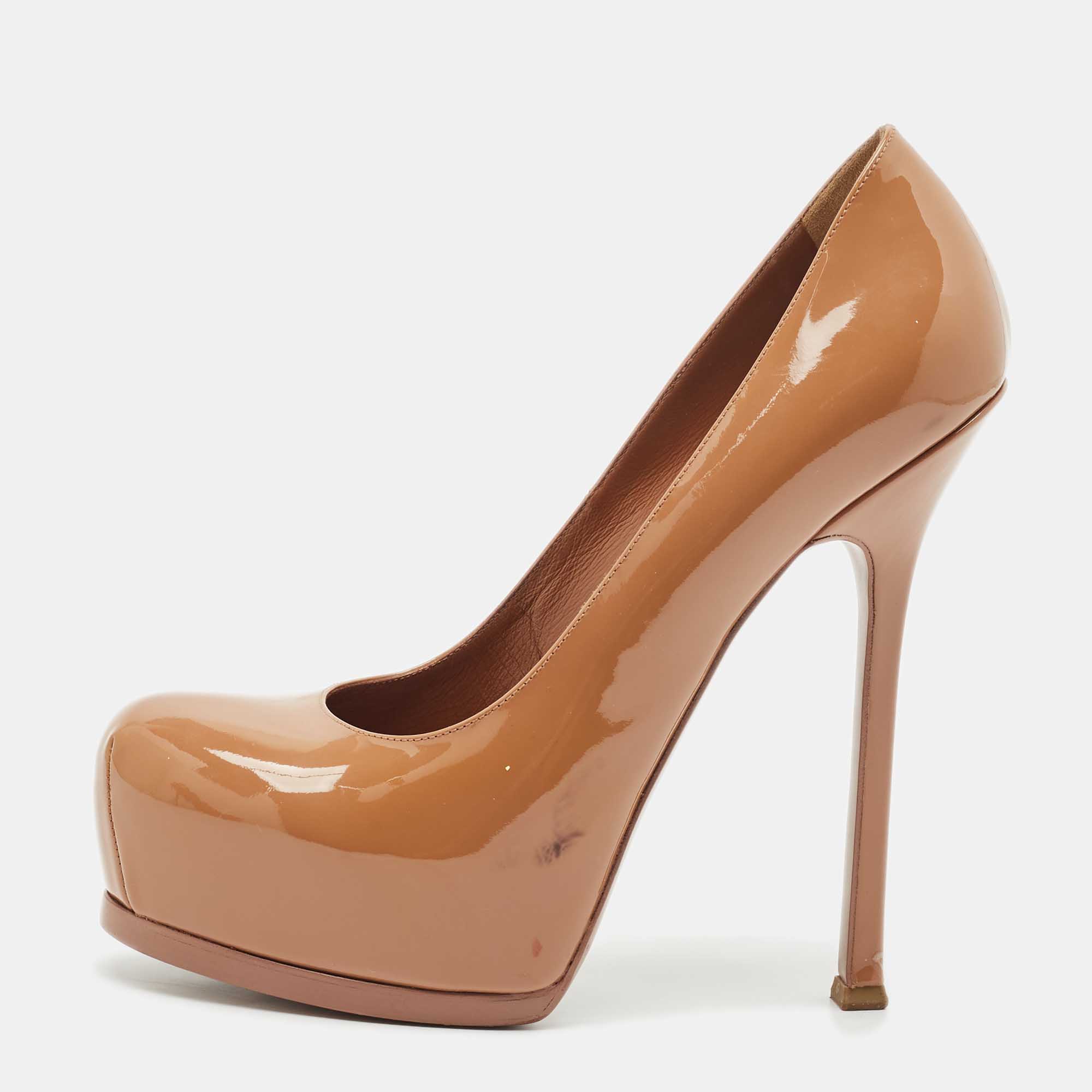 

Yves Saint Laurent Beige Patent Leather Tribtoo Platform Pumps Size