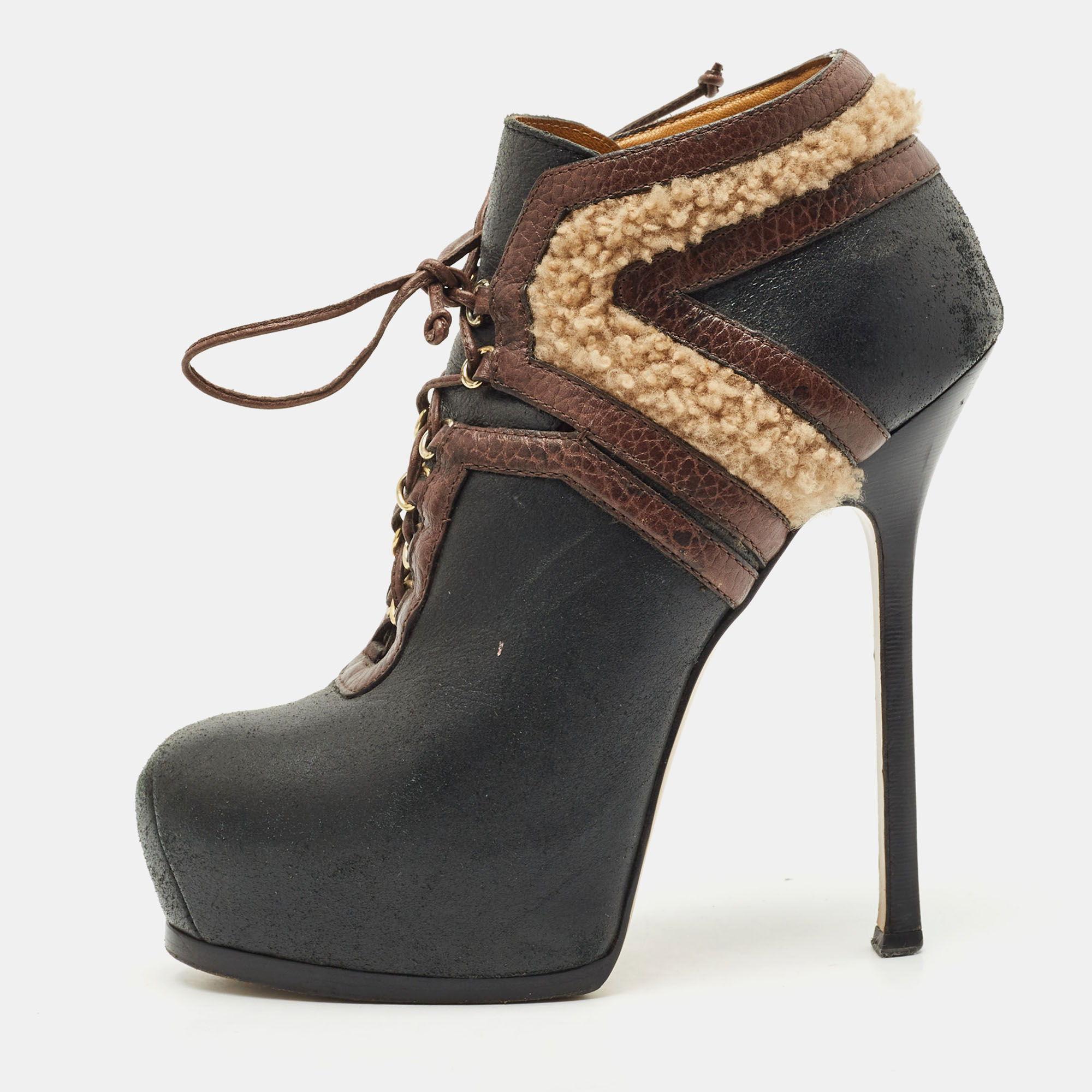 

Yves Saint Laurent Black/Brown Shearling Fur and Suede Tribtoo Ankle Length Boots Size