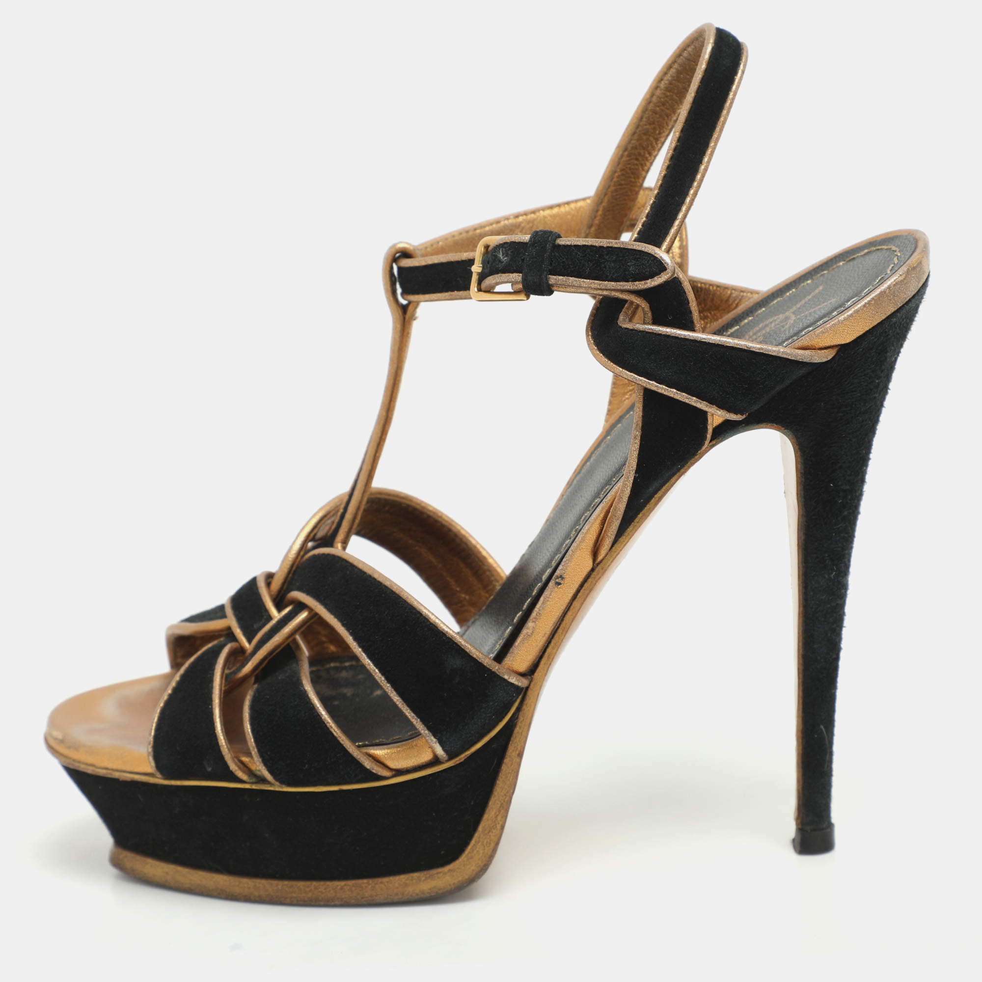 Pre-owned Saint Laurent Black/gold Leather And Suede Tribute Ankle Strap Sandals Size 39