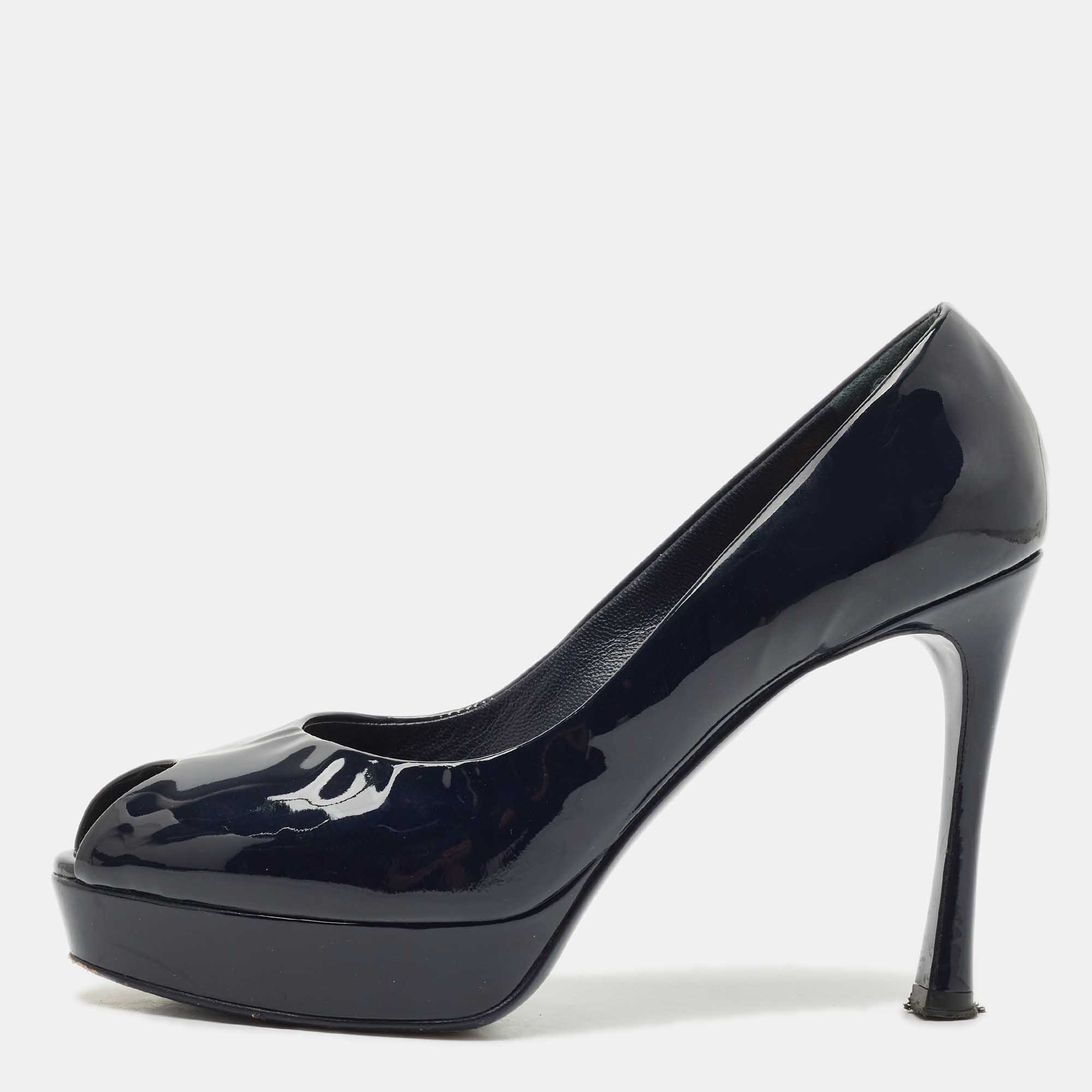 Pre-owned Saint Laurent Navy Blue Patent Leather Peep Toe Ankle Strap Pumps Size 37