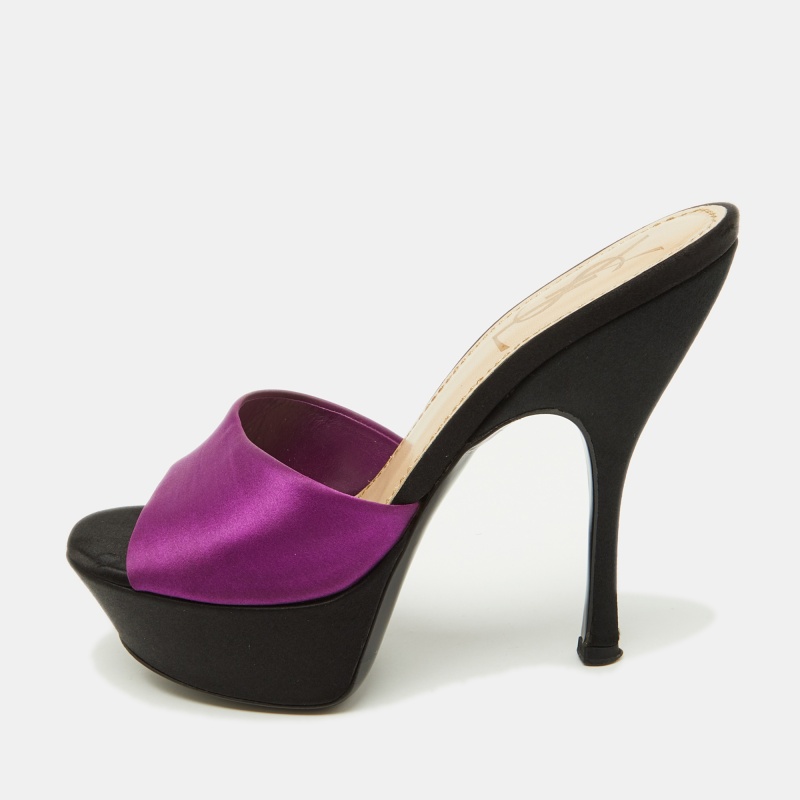 

Yves Saint Laurent Purple/Black Satin Platform Slide Sandals Size