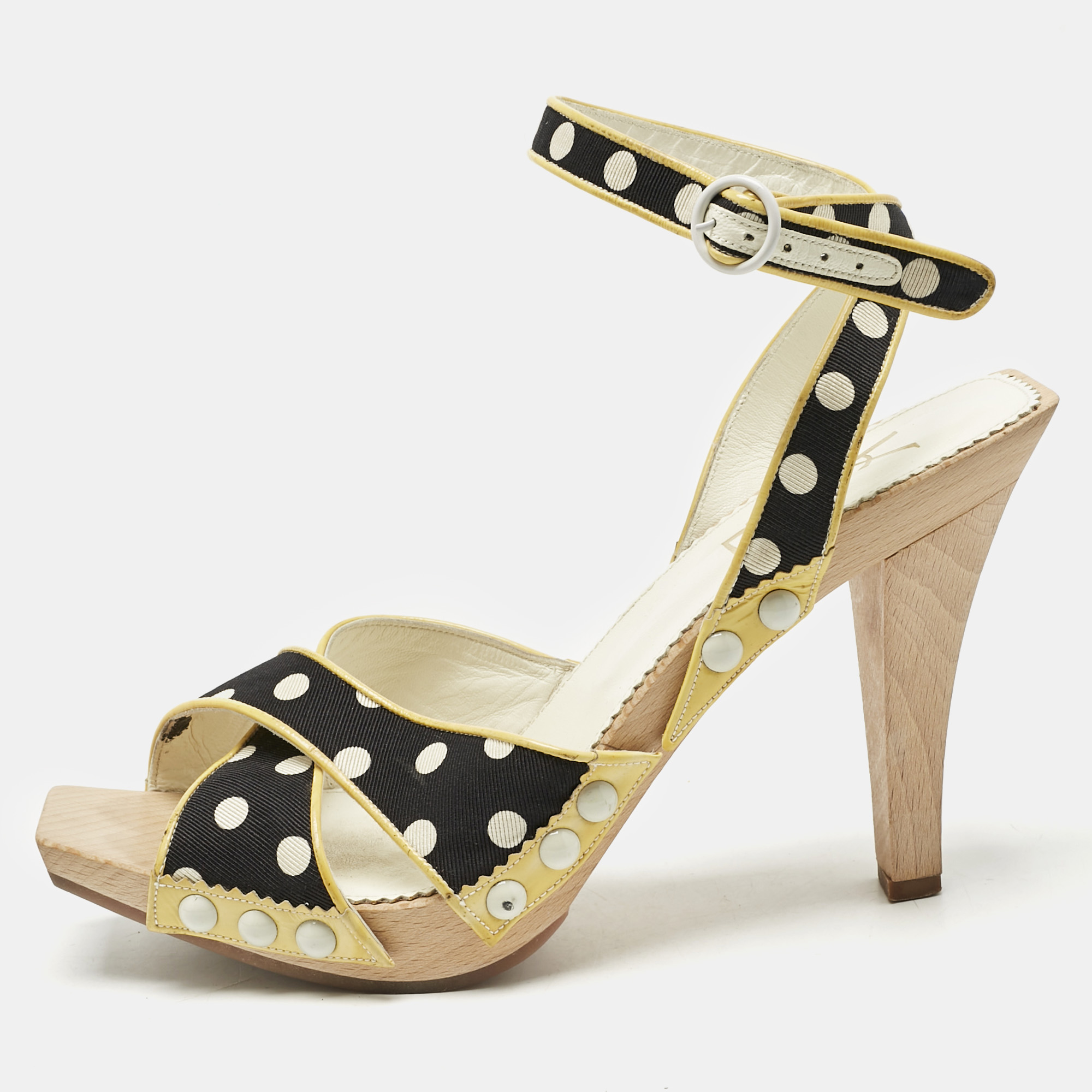 

Saint Laurent Cream/Black Polka Dot Printed Fabric And Leather Wooden Sandals Size, Multicolor