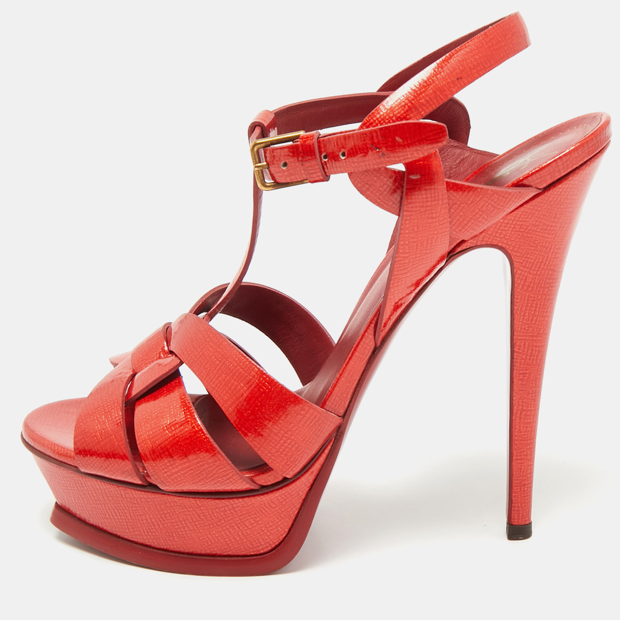 

Yves Saint Laurent Red Patent Leather Tribute Platform Sandals Size