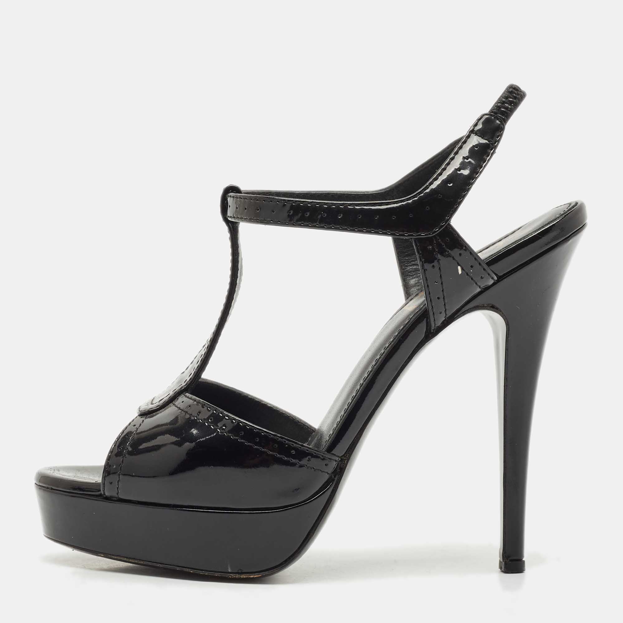 Pre-owned Saint Laurent Black Patent Leather Platform Sandals Size 36