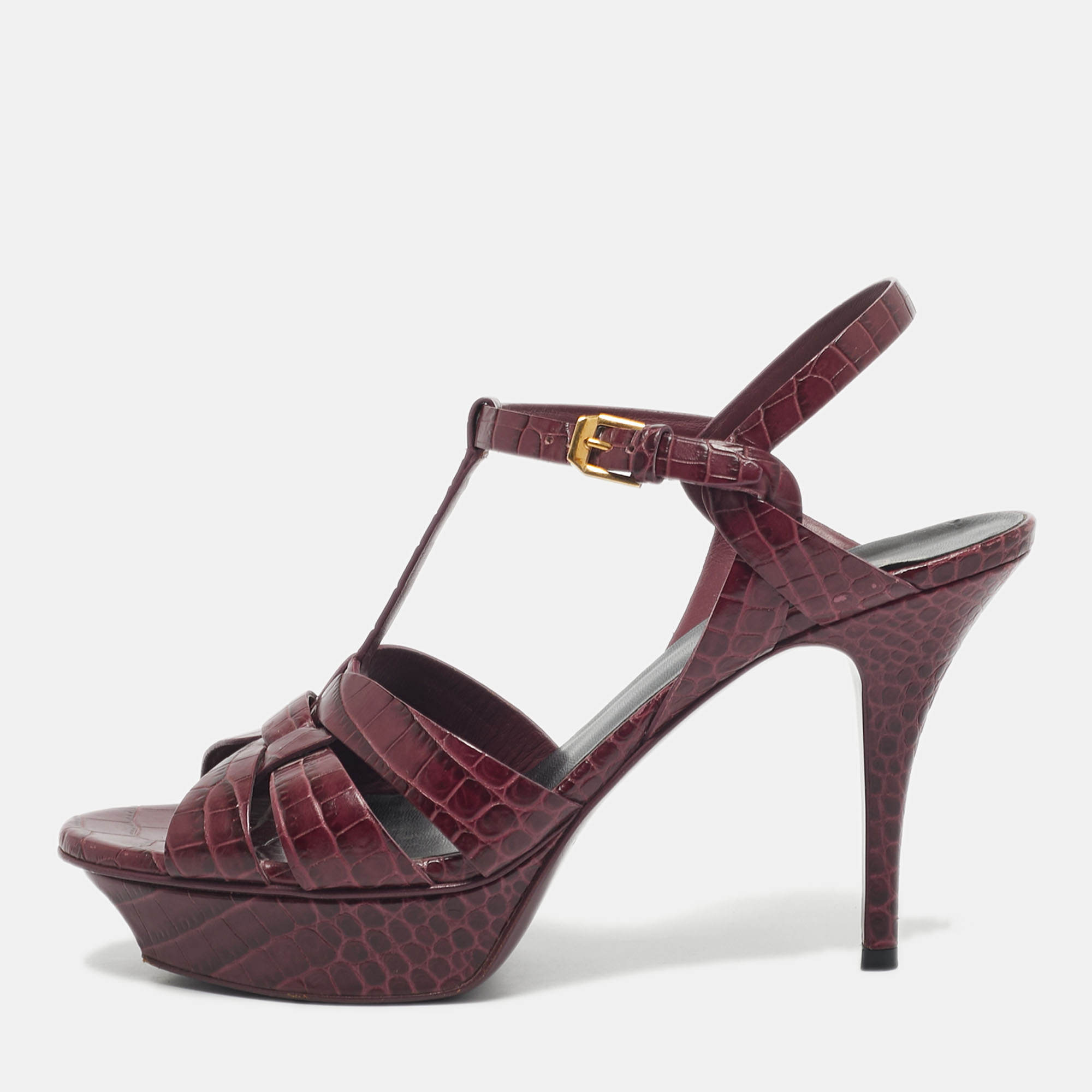 

Yves Saint Laurent Burgundy Croc Embossed Leather Tribute Sandals Size