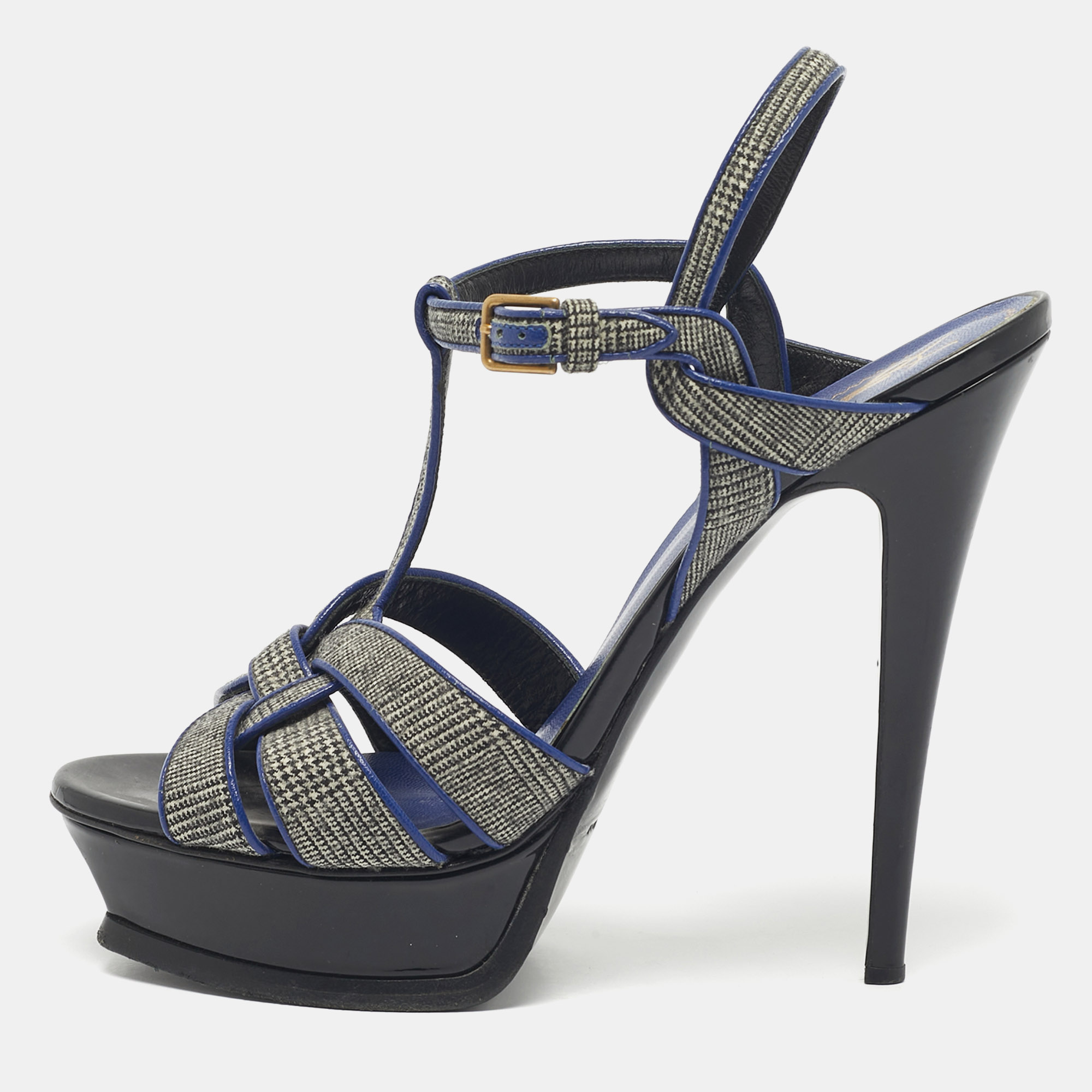 Pre-owned Saint Laurent Blue/grey Leather And Canvas Tribute Sandals Size 40