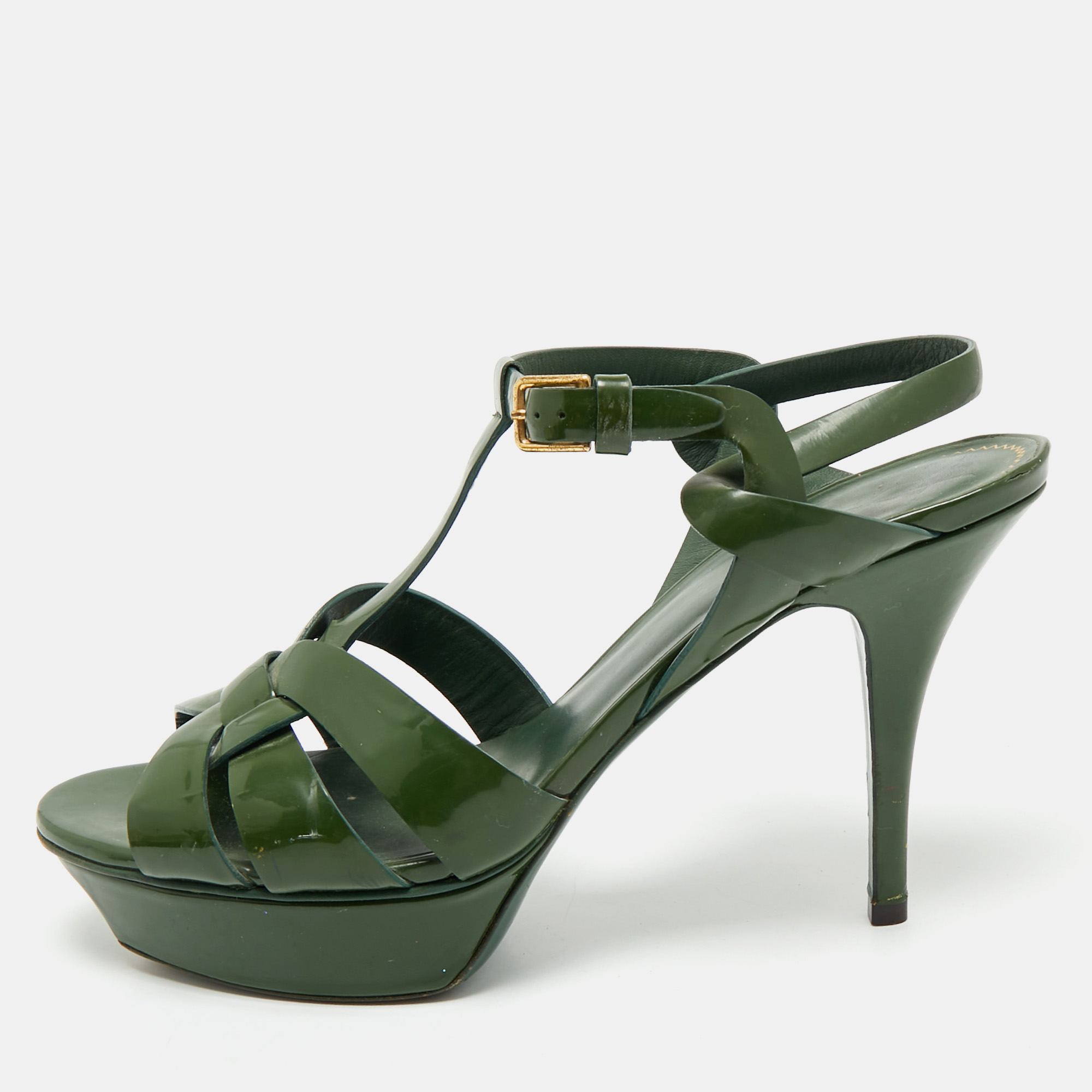Pre-owned Saint Laurent Green Patent Leather Platform Sandals Size 40