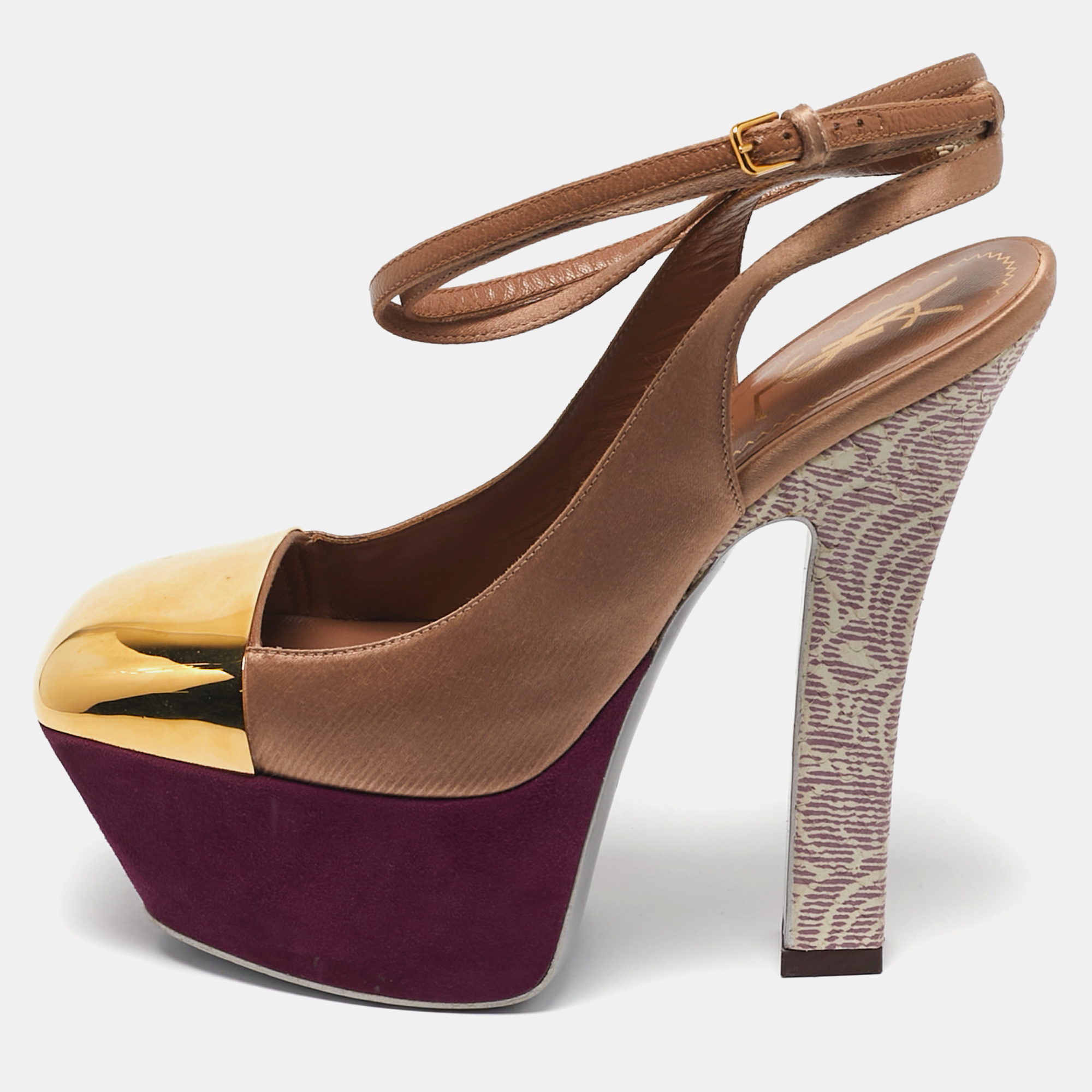 Pre-owned Saint Laurent Tricolor Leather And Satin Platform Pumps Size 35 In Sand