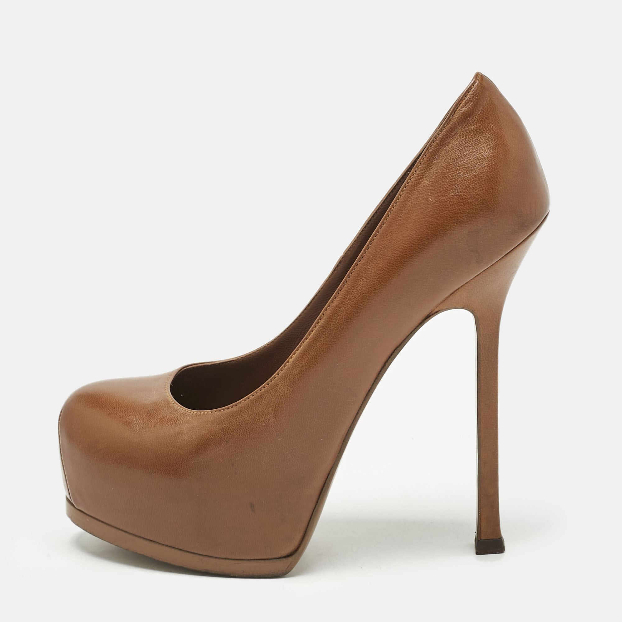 Pre-owned Saint Laurent Brown Leather Tribtoo Platform Pumps Size 36