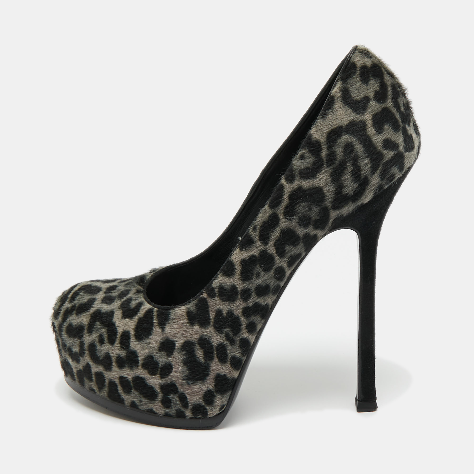 Pre-owned Saint Laurent Grey/black Leopard Print Calf Hair Platform Pumps Size 36.5
