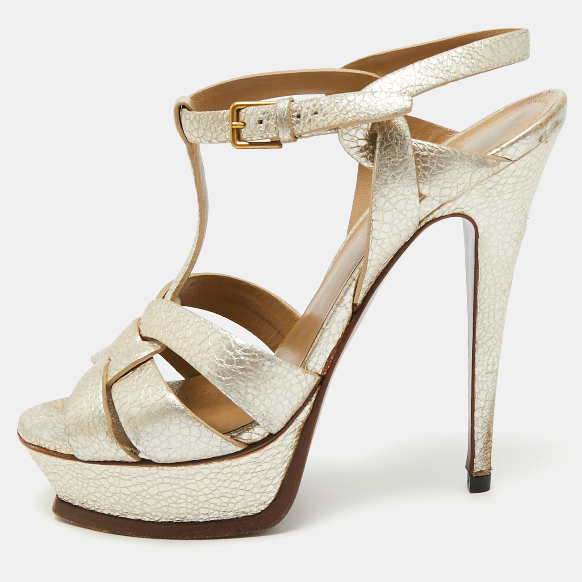 

Yves Saint Laurent Metallic Leather Tribute Platform Sandals Size 38