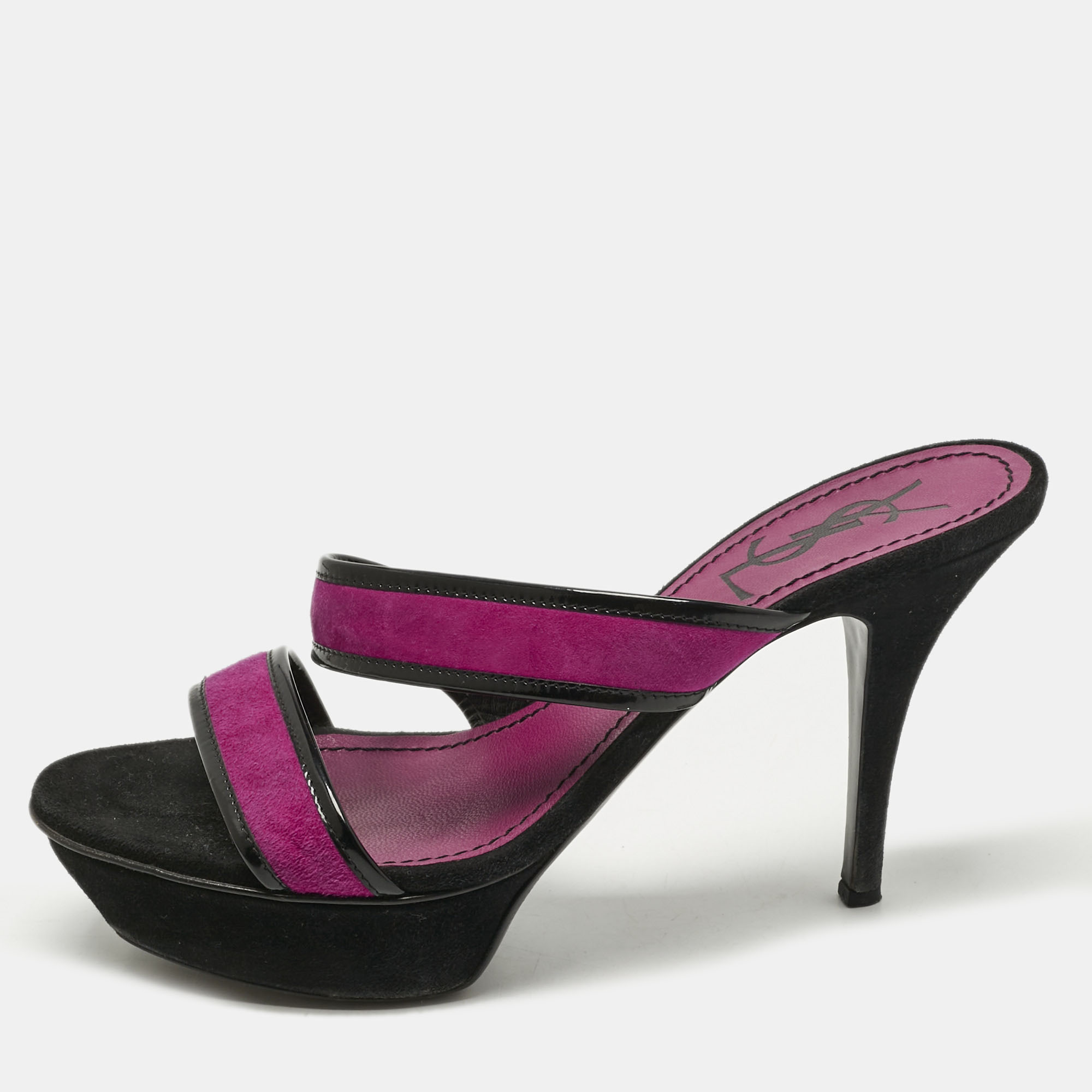 Pre-owned Saint Laurent Purple/black Patent Leather And Suede Slide Sandals Size 38.5