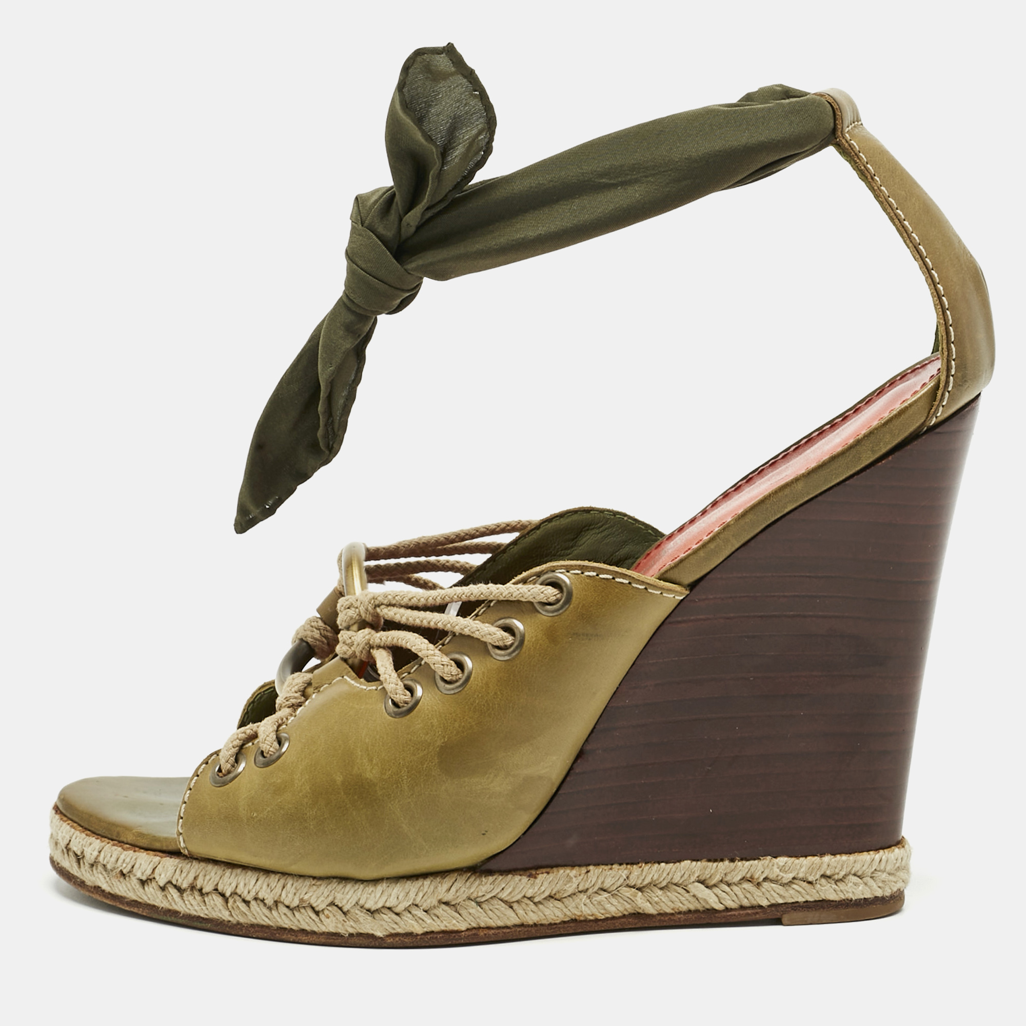 Pre-owned Saint Laurent Green Leather Wedge Sandals Size 39