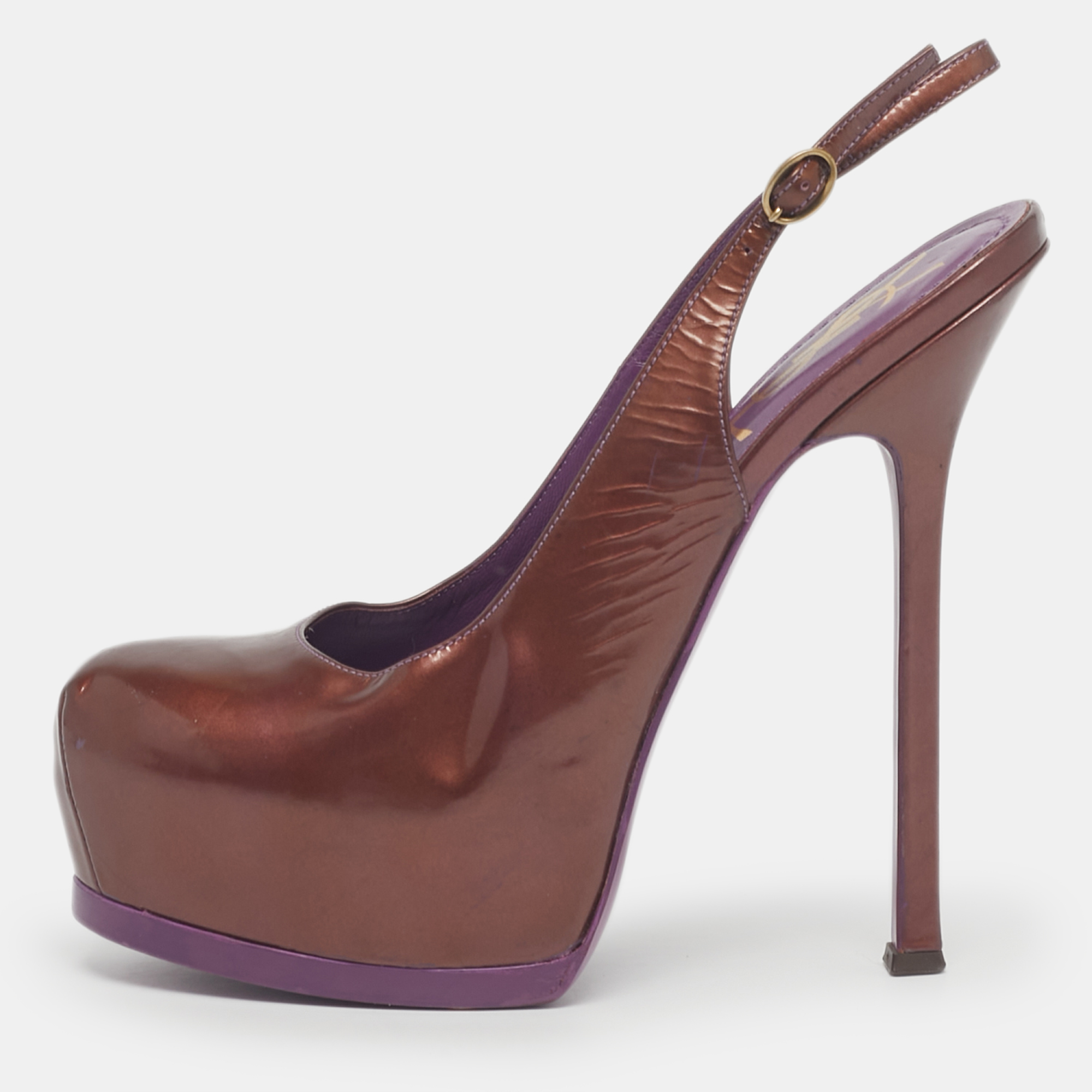 

Yves Saint Laurent Burgundy Patent Leather Tribtoo Platform Slingback Pumps Size