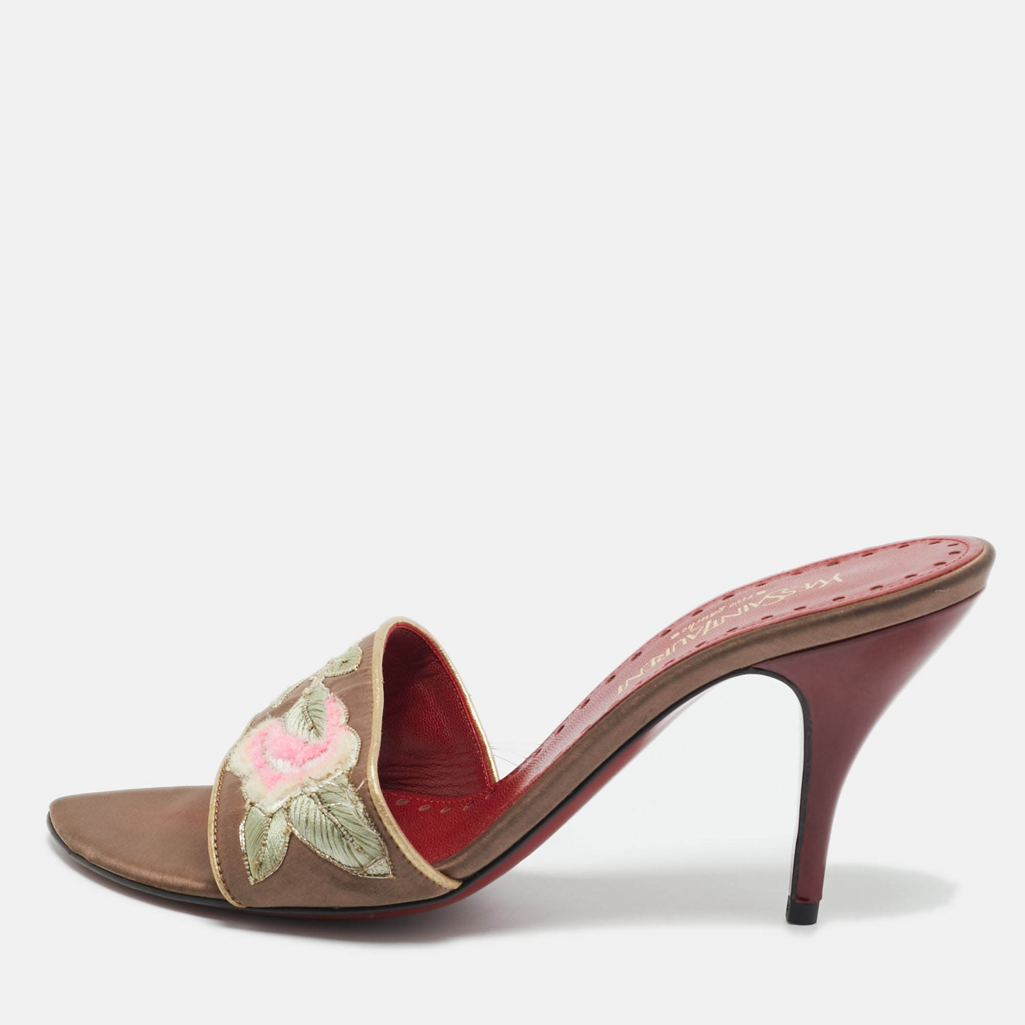 Pre-owned Saint Laurent Brown Leather And Satin Flower Embroidered Slide Sandals Size 37.5